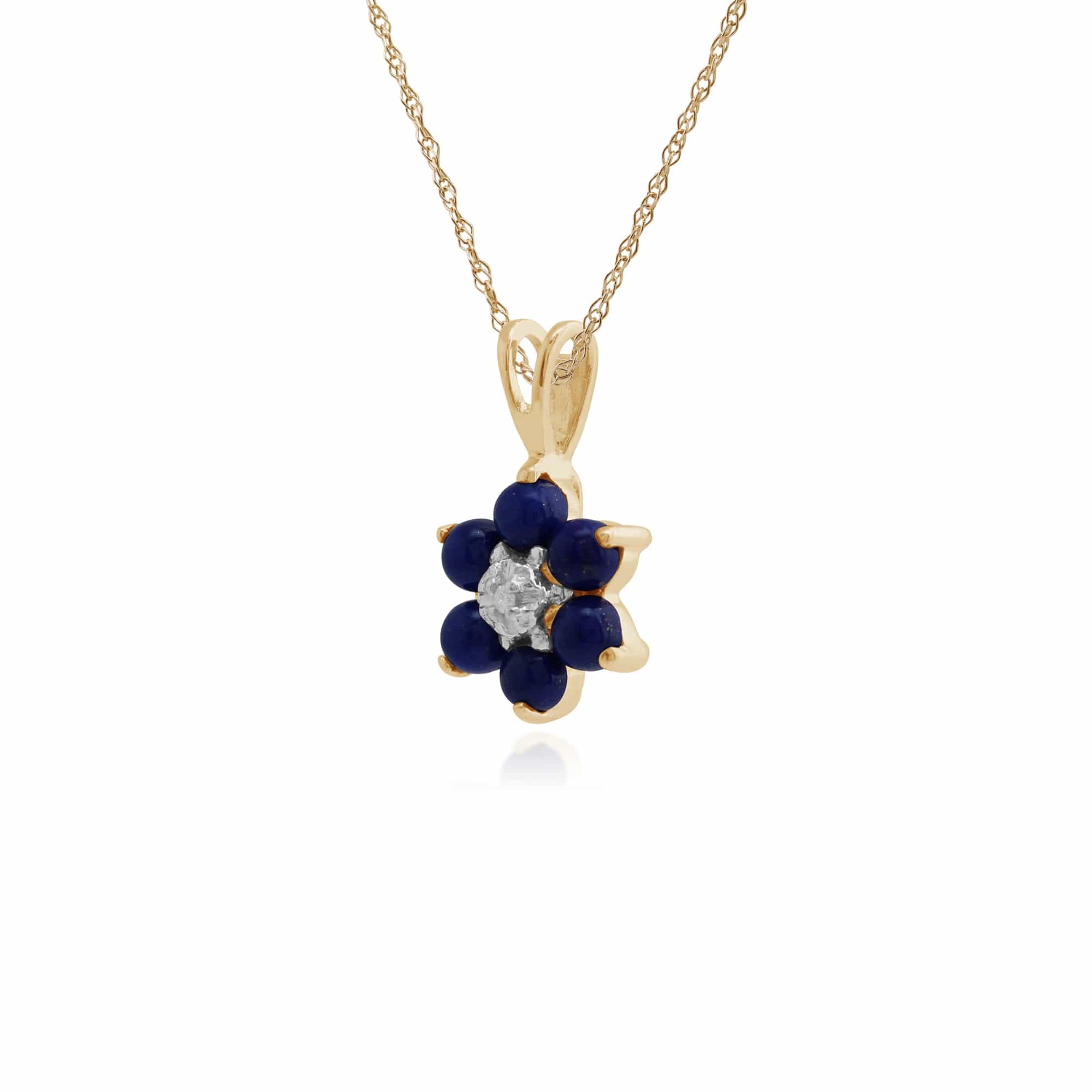 181P0016529 Floral Round Lapis Lazuli & Diamond Cluster Pendant in 9ct Yellow Gold 2