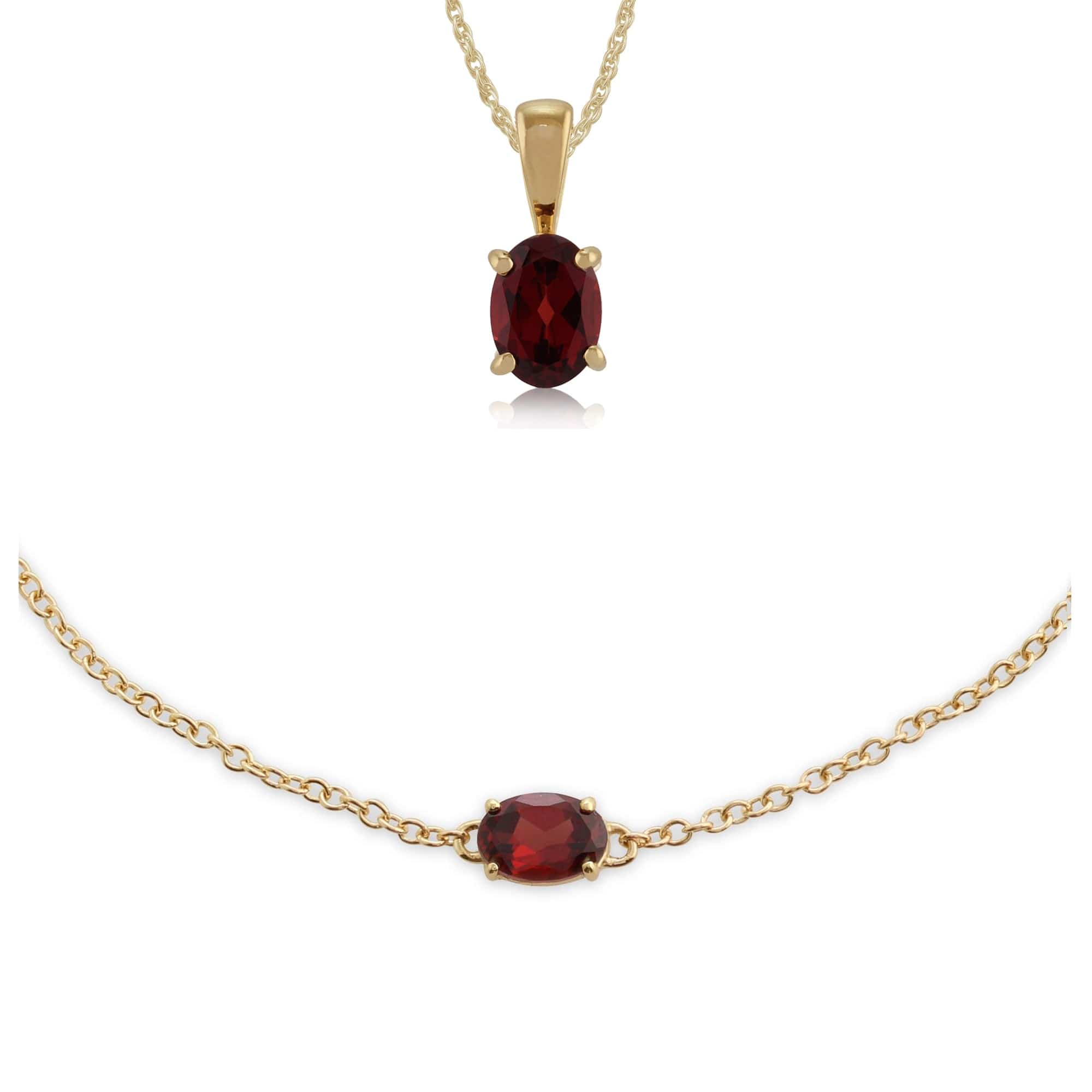 10719-135L0220079 Classic Oval Garnet Single Stone Pendant & Bracelet Set in 9ct Yellow Gold 1