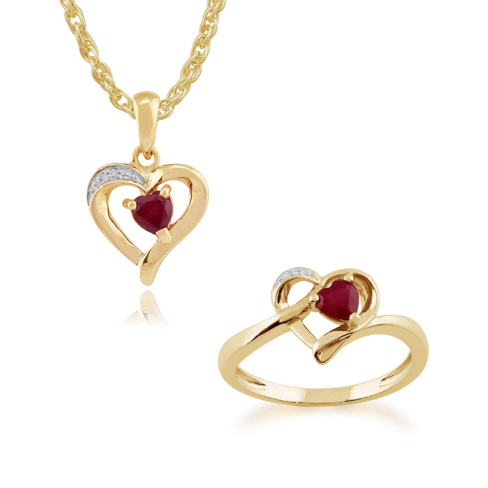 10916-181R4010099 Classic Round Ruby & Diamond Heart Pendant & Ring Set in 9ct Yellow Gold 1