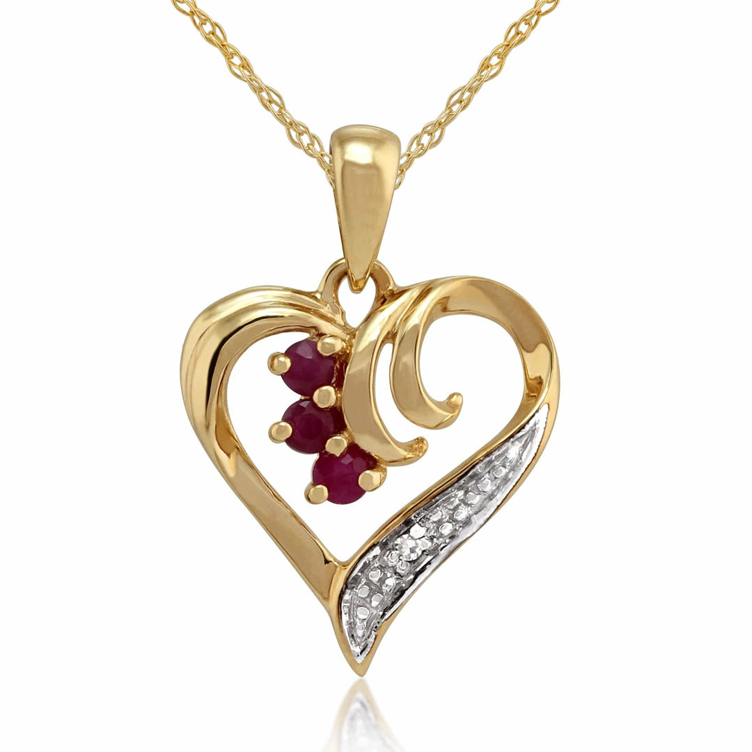 Classic Round Ruby & Diamond Heart Pendant in 9ct Yellow Gold - Gemondo