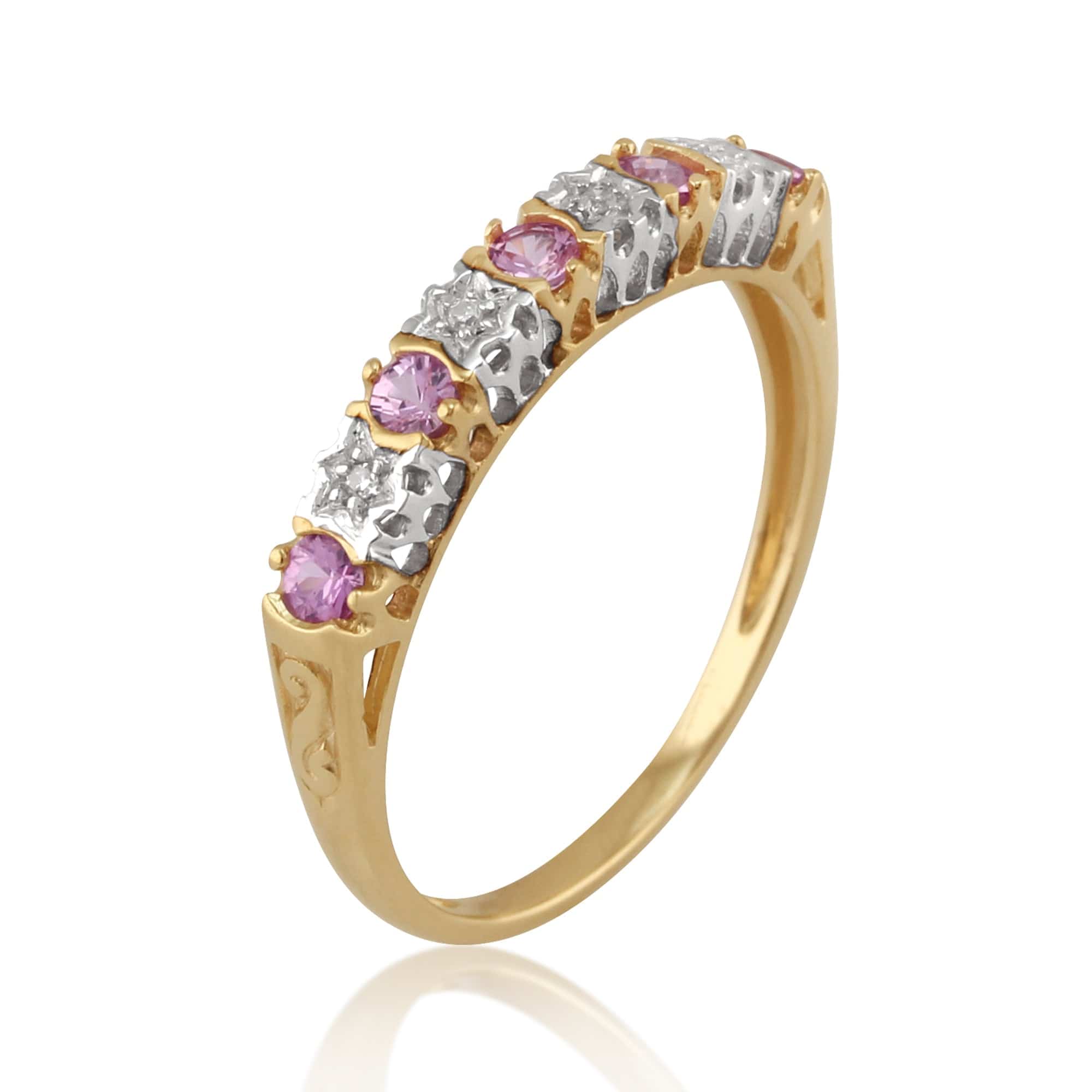22326 Classic Round Pink Sapphire & Diamond Half Eternity Ring in 9ct Yellow Gold 2