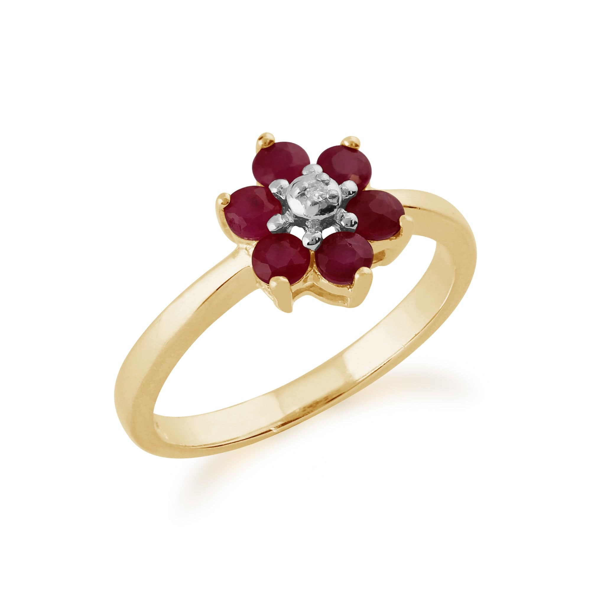 181R4149079 Floral Round Ruby & Diamond Cluster Ring in 9ct Yellow Gold 2