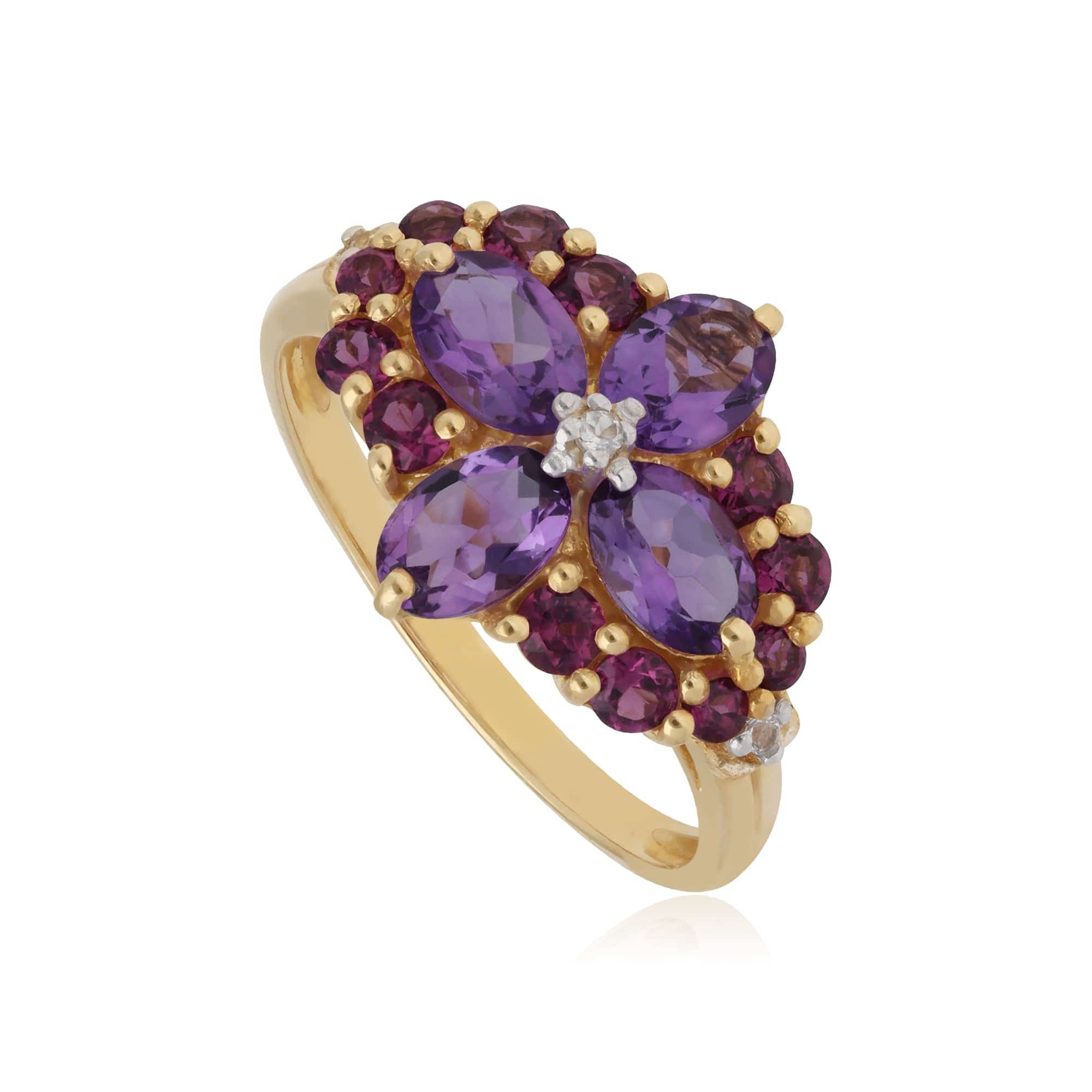 T0023R40R418 Rhodolite, White Topaz & Amethyst Floral Cocktail Ring in 9ct Yellow Gold 1