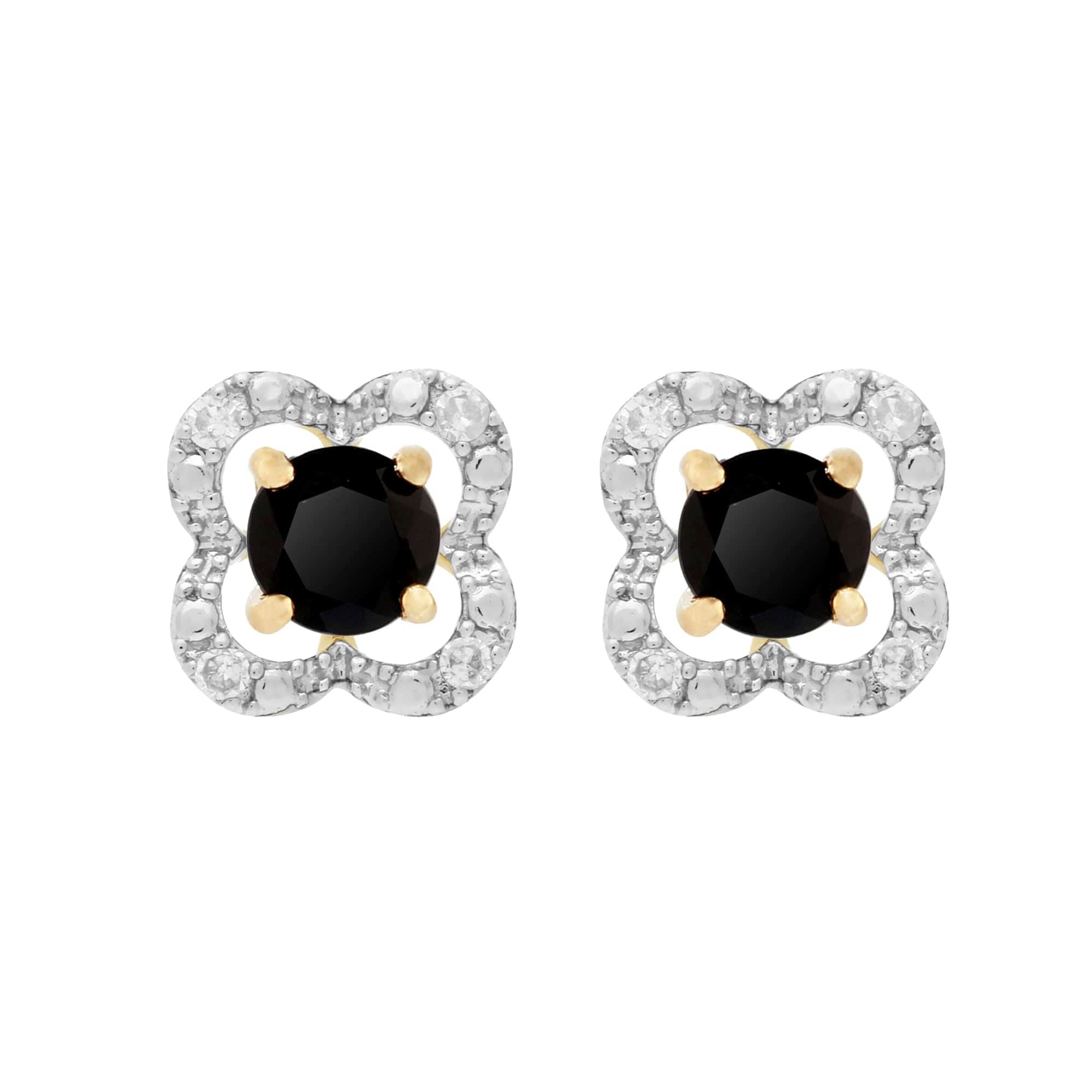 183E0083339-191E0375019 Classic Round Black Onyx Studs with Detachable Diamond Floral Ear Jacket in 9ct Yellow Gold 1
