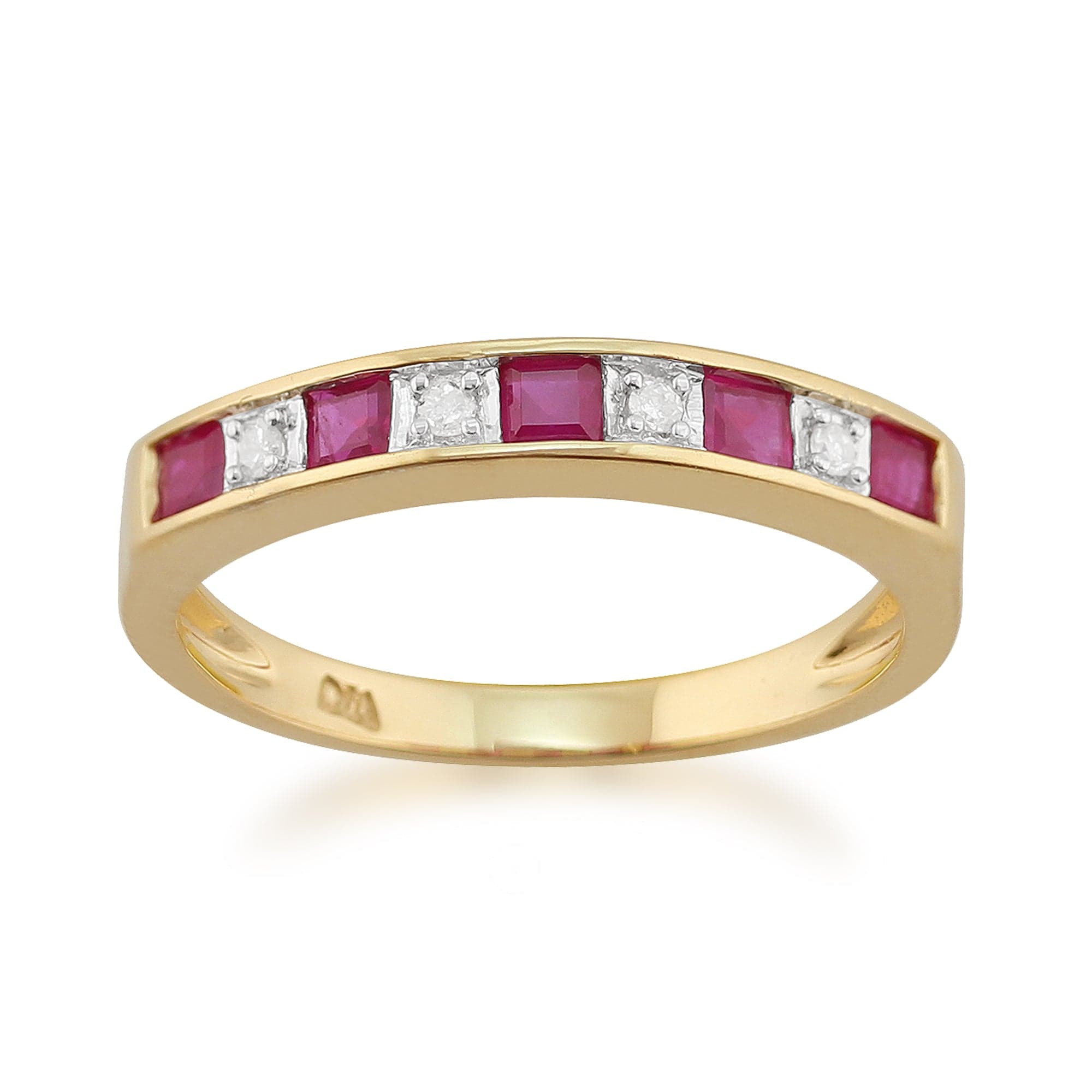 Classic Square Ruby & Diamond Half Eternity Ring in 9ct Yellow Gold