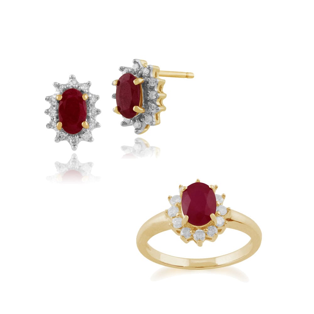 26921-183R1846029 Classic Oval Ruby & Diamond Halo Cluster 9ct Gold Stud Earrings & Ring Set 1