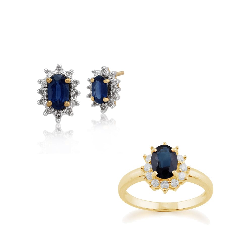 26922-183R1846089 Classic Oval Sapphire & Diamond Halo Cluster Stud Earrings & Ring Set in 9ct Yellow Gold 1