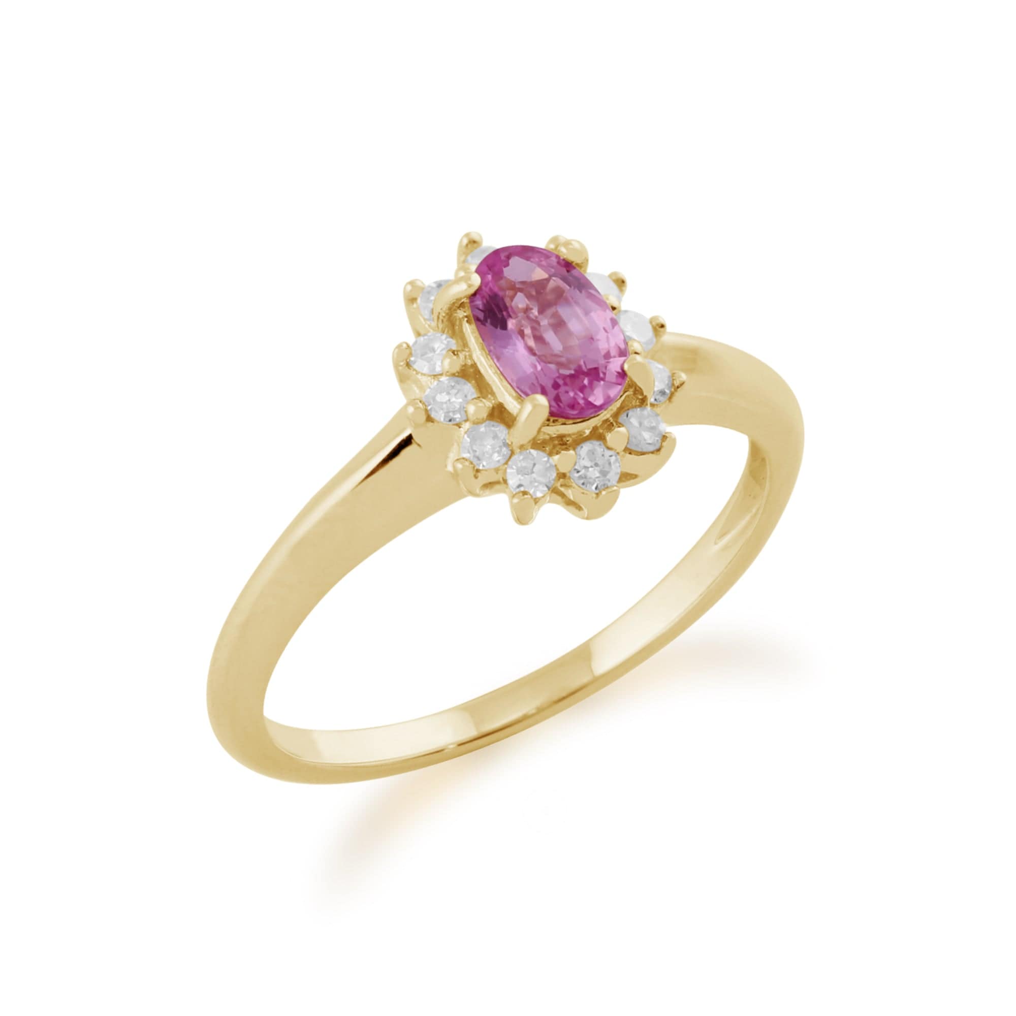 183R1850069 Classic Oval Pink Sapphire & Diamond Cluster Ring in 9ct Yellow Gold 2