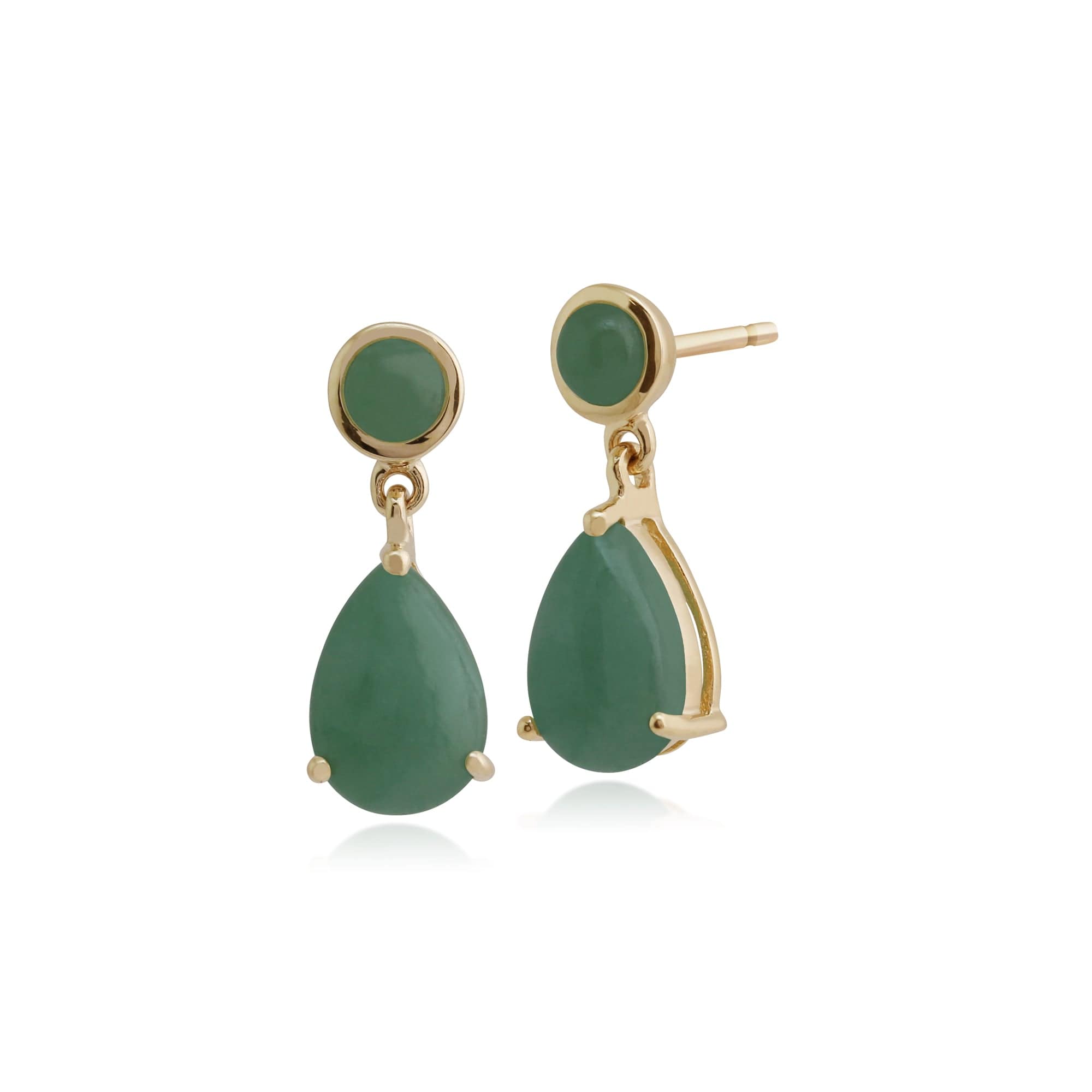Classic Pear & Round Green Jade Drop Earrings in 9ct Yellow Gold - Gemondo