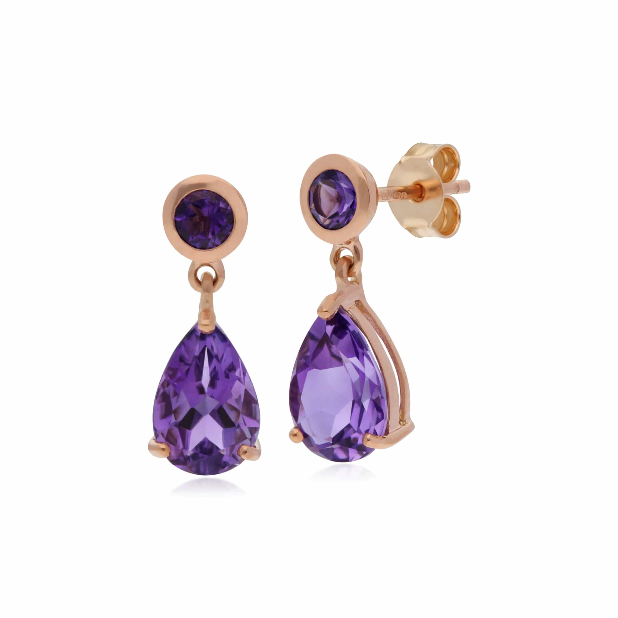 186E017201925 Classic Pear & Round Amethyst Drop Earrings in 9ct Rose Gold 2