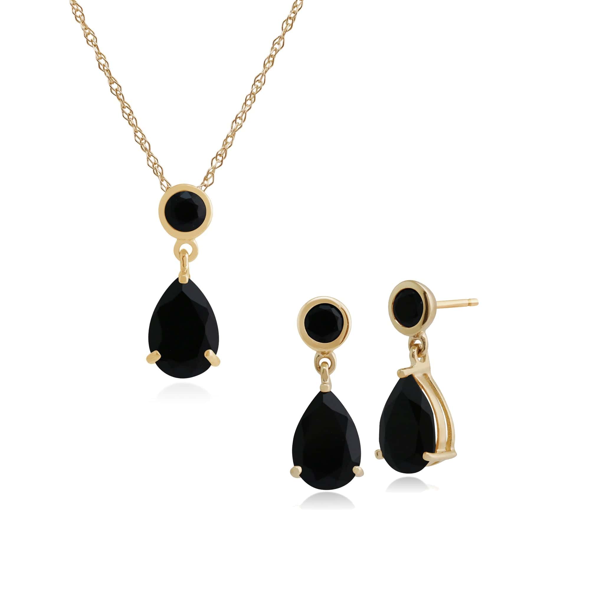186E0148089-186P0188089 Classic Pear & Round Onyx Drop Earrings & Pendant Set in 9ct Yellow Gold 1