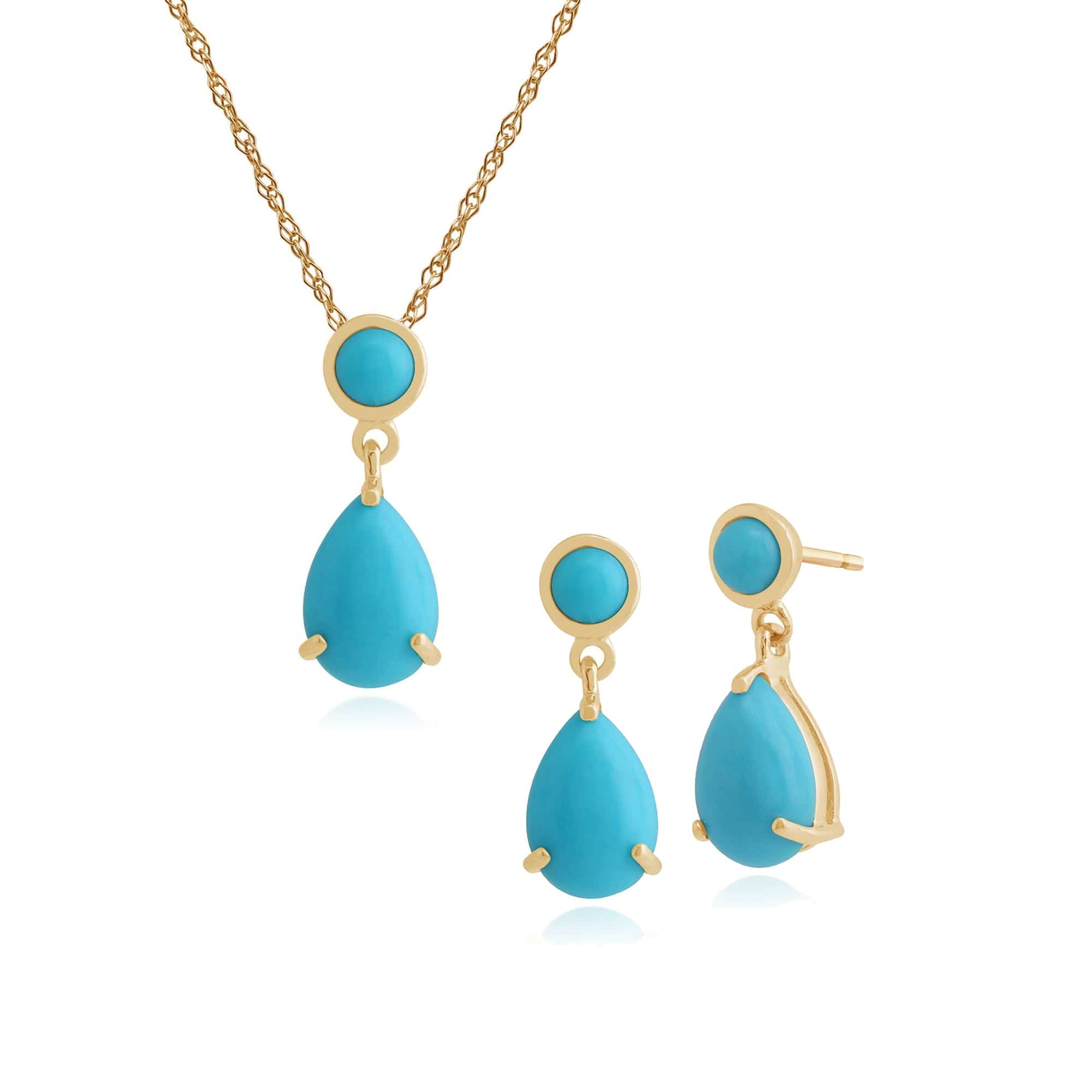 186E0148099-186P0188099 Classic Pear & Round Turquoise Drop Earrings & Pendant Set in 9ct Yellow Gold 1