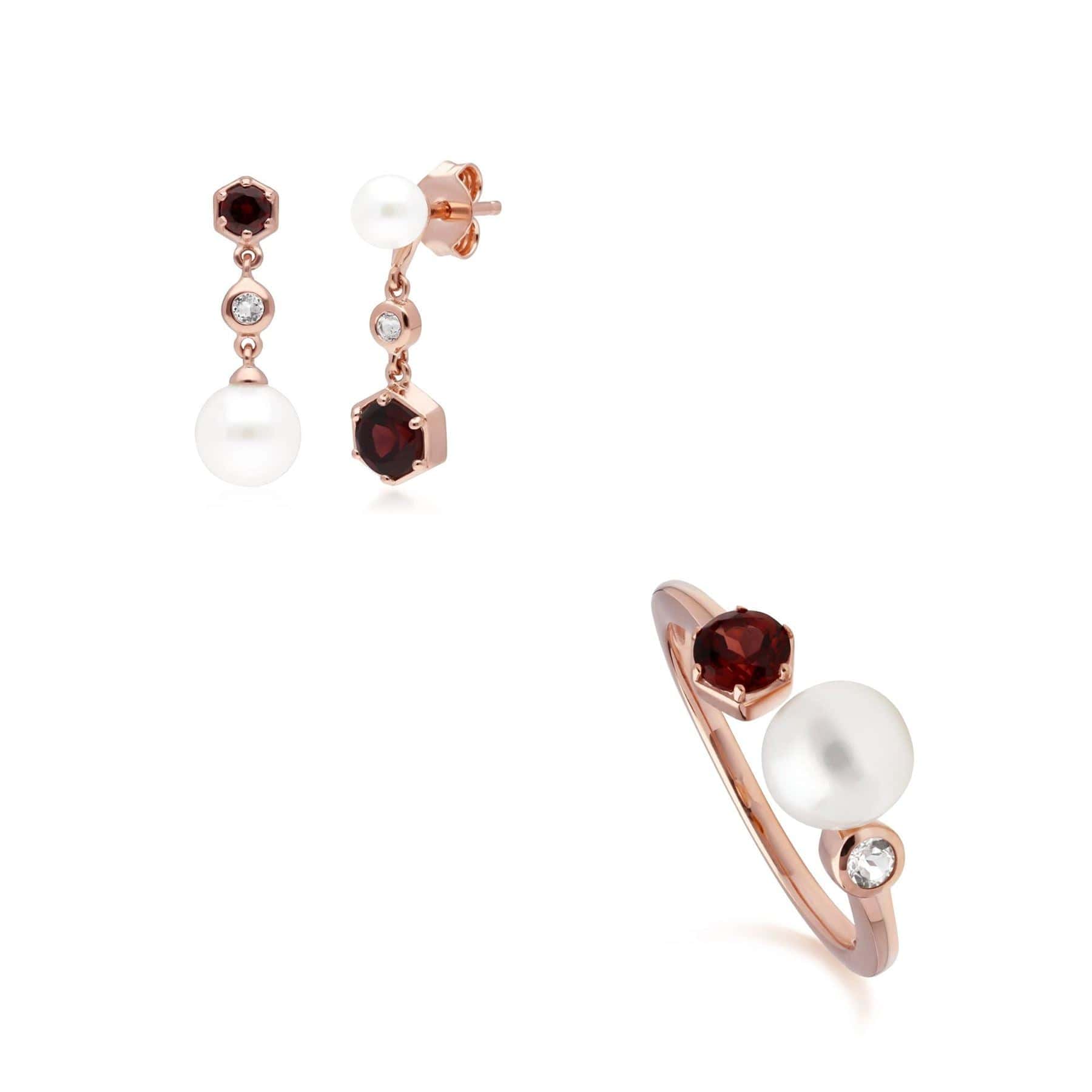 270E030307925-270R058807925 Modern Pearl, Garnet & Topaz Earring & Ring Set in Rose Gold Plated Sterling Silver 1
