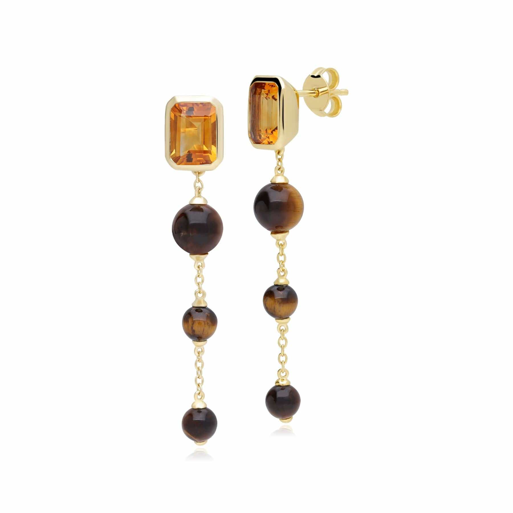 270E034401925 ECFEW™ Unifier Citrine & Tiger's Eye Dangle Drop Earrings In Yellow Gold Plated Silver 1