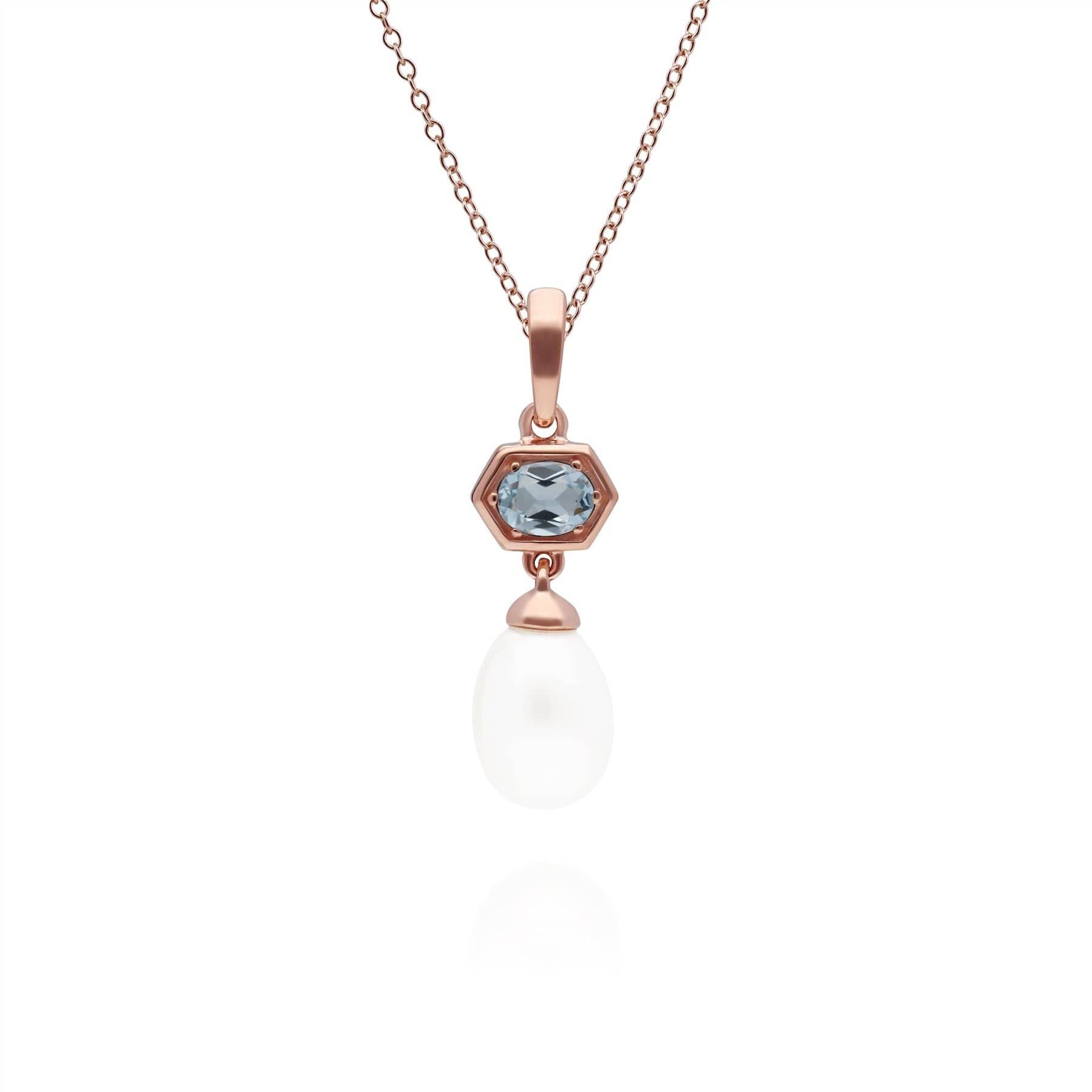 270P030405925 Modern Pearl & Blue Topaz Hexagon Drop Pendant in Rose Gold Plated Silver 1