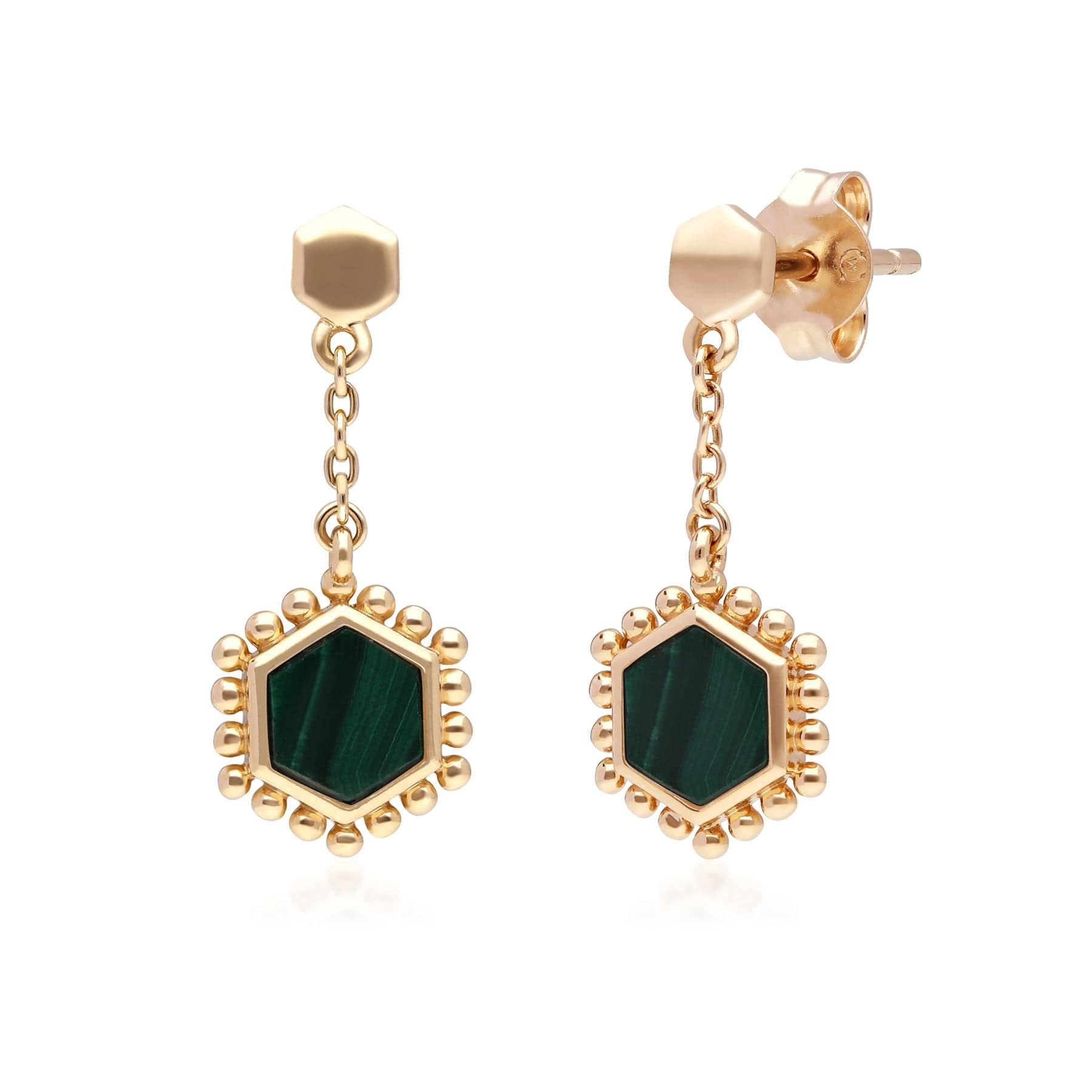 271E020803925 Malachite Flat Slice Hex Drop Earrings in Gold Plated Sterling Silver 1