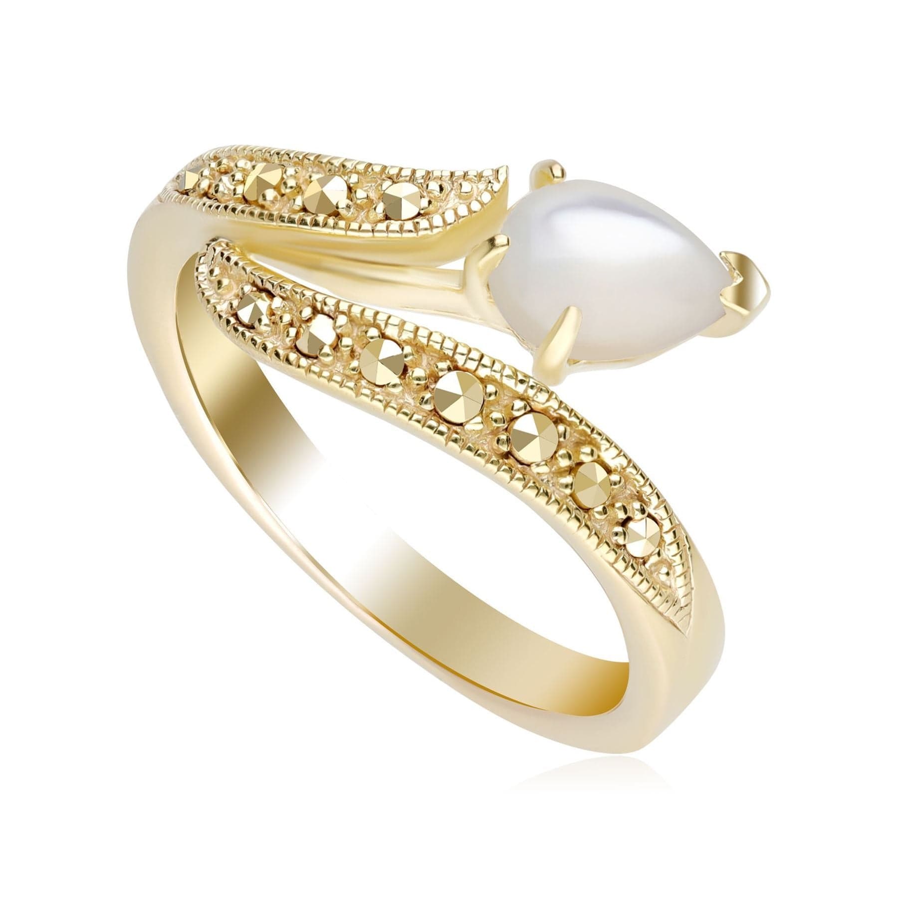 Art Nouveau Inspired Mother of Pearl & Marcasite Twist Ring in 18ct Gold Plated Silver