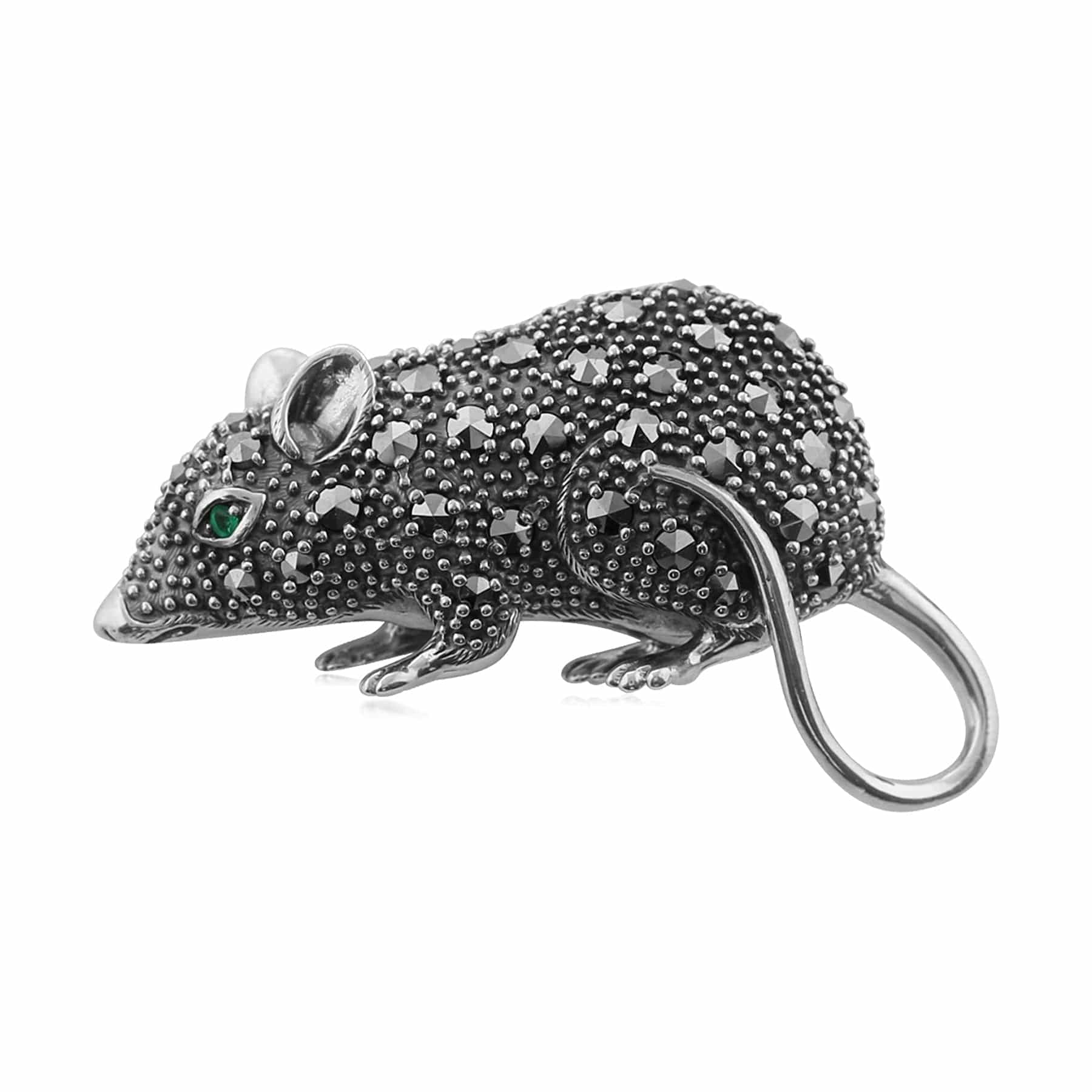 214C269401925 Marcasite & Emerald Mouse Brooch in 925 Sterling Silver 1