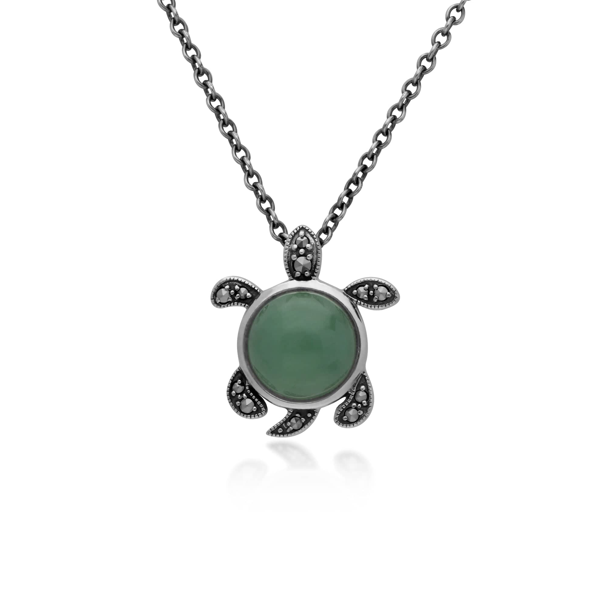 214N699501925 Green Jade & Marcasite Turtle Necklace in 925 Sterling Silver 1