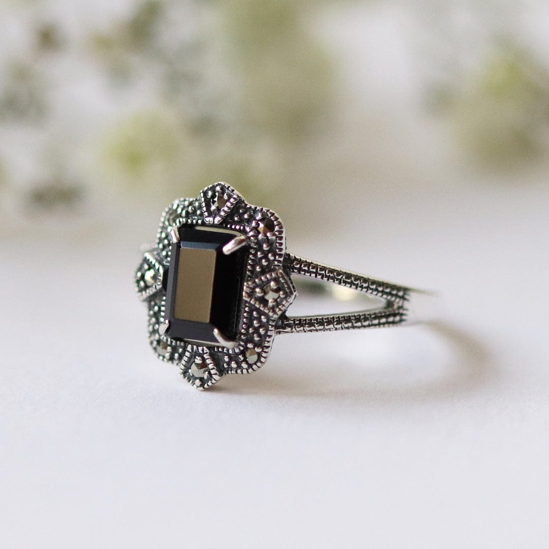 214R479001925 Art Deco Style Baguette Black Spinel & Marcasite Ring in Silver 4