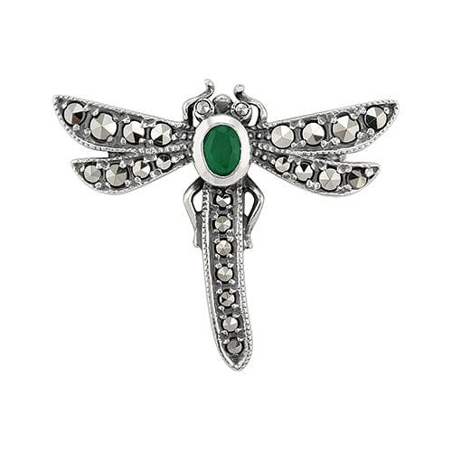 Art Nouveau Style Oval Marcasite & Emerald Dragonfly Brooch in 925 Sterling Silver - Gemondo