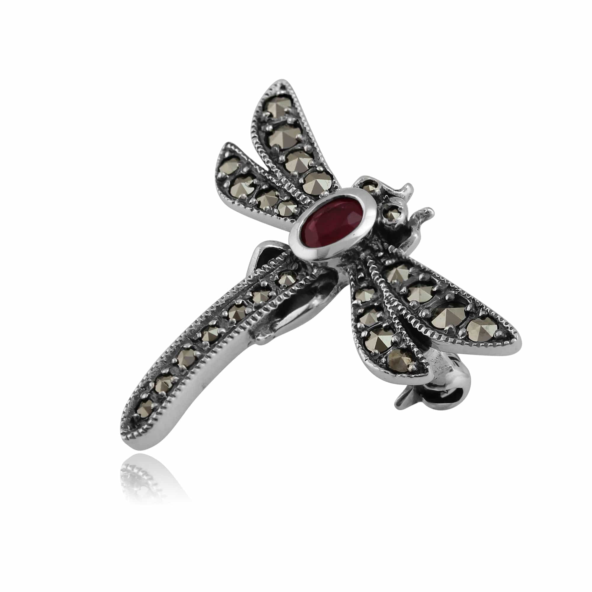21952 Art Nouveau Style Marcasite & Ruby Dragonfly Brooch in 925 Sterling Silver 2