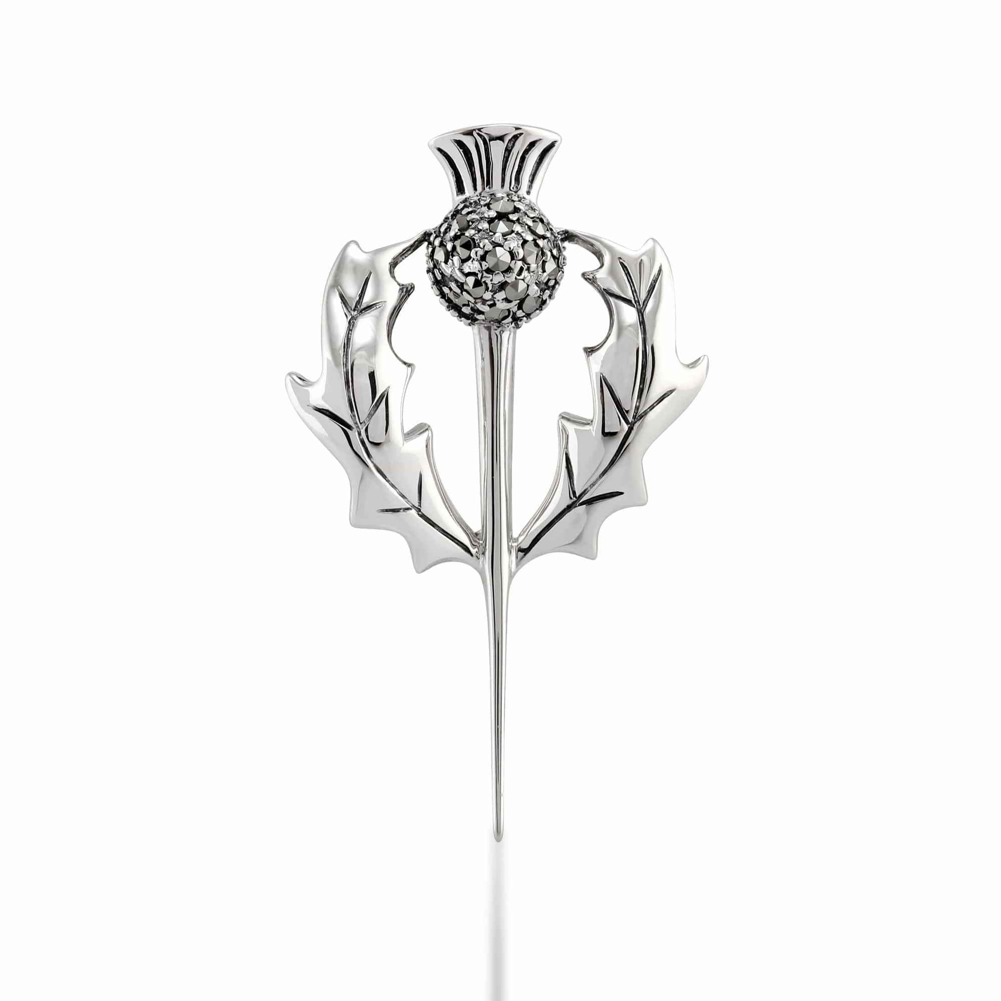 27074 Art Nouveau Style Round Marcasite Thistle Brooch in 925 Sterling Silver 2