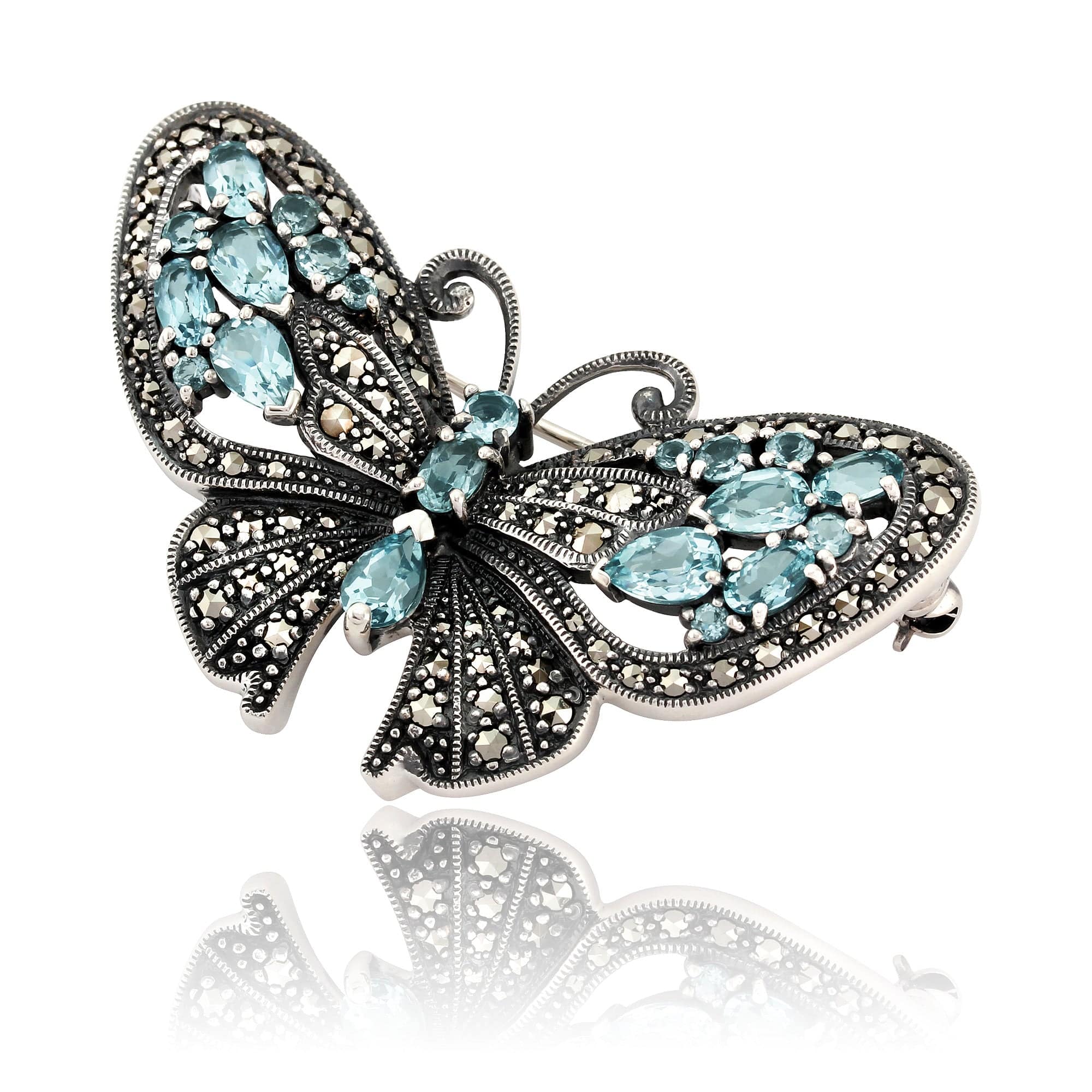 27413 Art Nouveau Style Marquise Blue Topaz & Marcasite Butterfly Brooch in 925 Sterling Silver 2