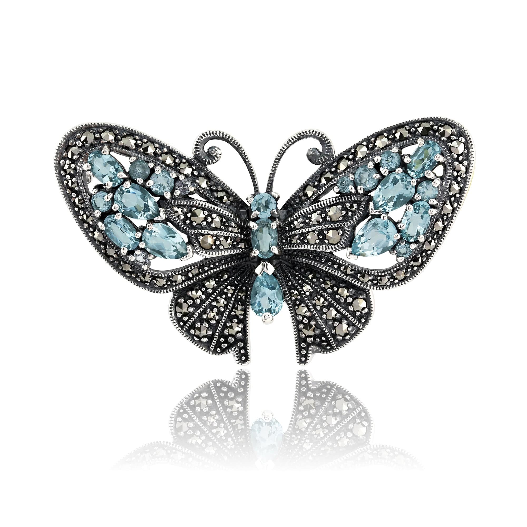 Art Nouveau Style Marquise Blue Topaz & Marcasite Butterfly Brooch in 925 Sterling Silver - Gemondo