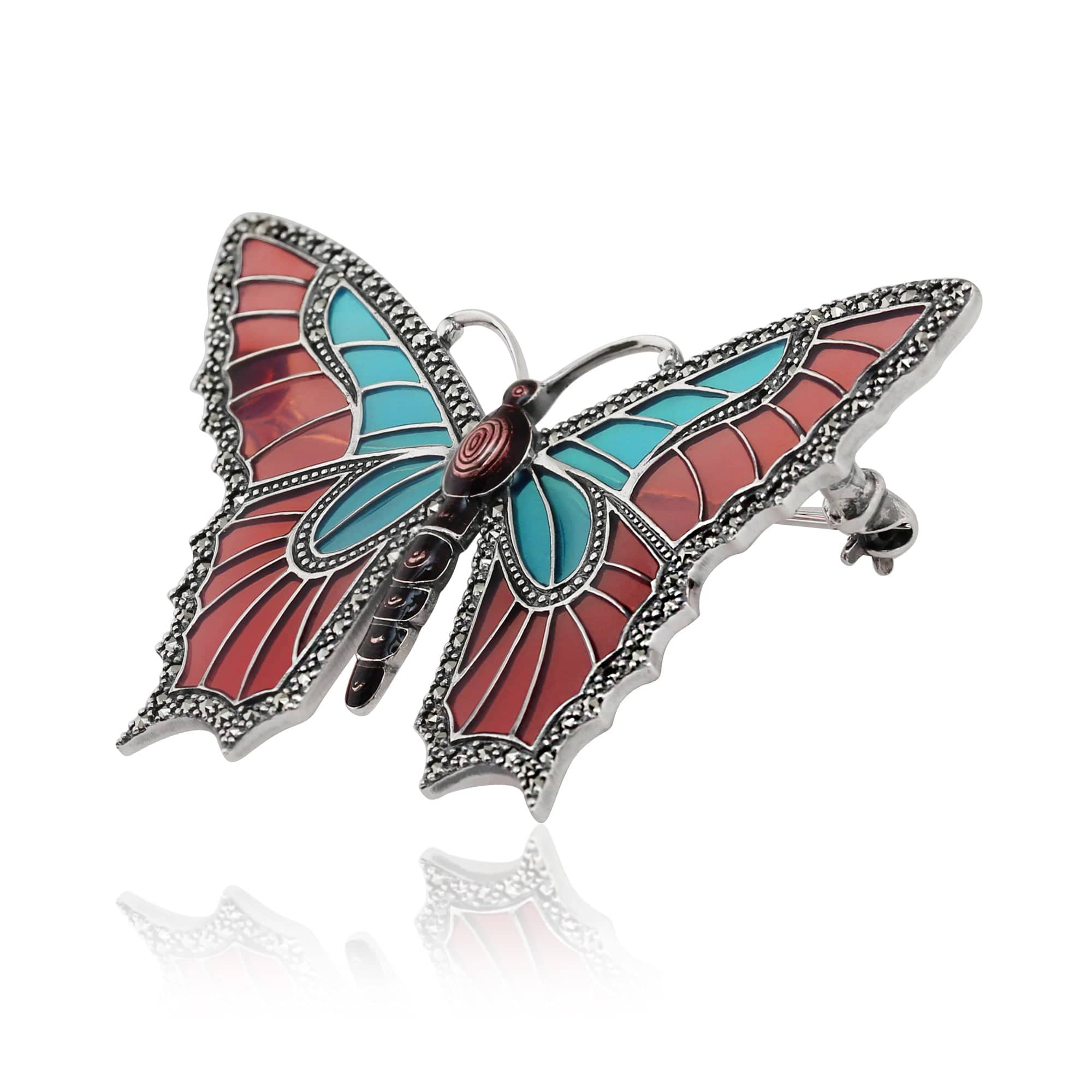 26326 Art Nouveau Style Round Marcasite & Enamel Butterfly Brooch in 925 Sterling Silver 2