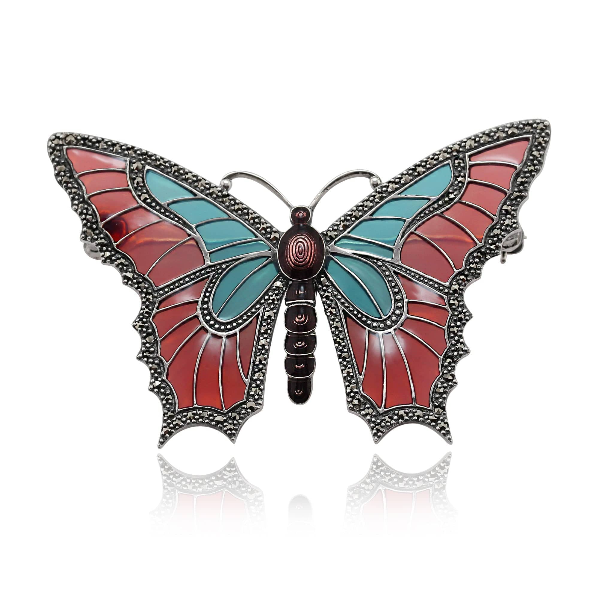 Art Nouveau Style Round Marcasite & Enamel Butterfly Brooch in 925 Sterling Silver - Gemondo