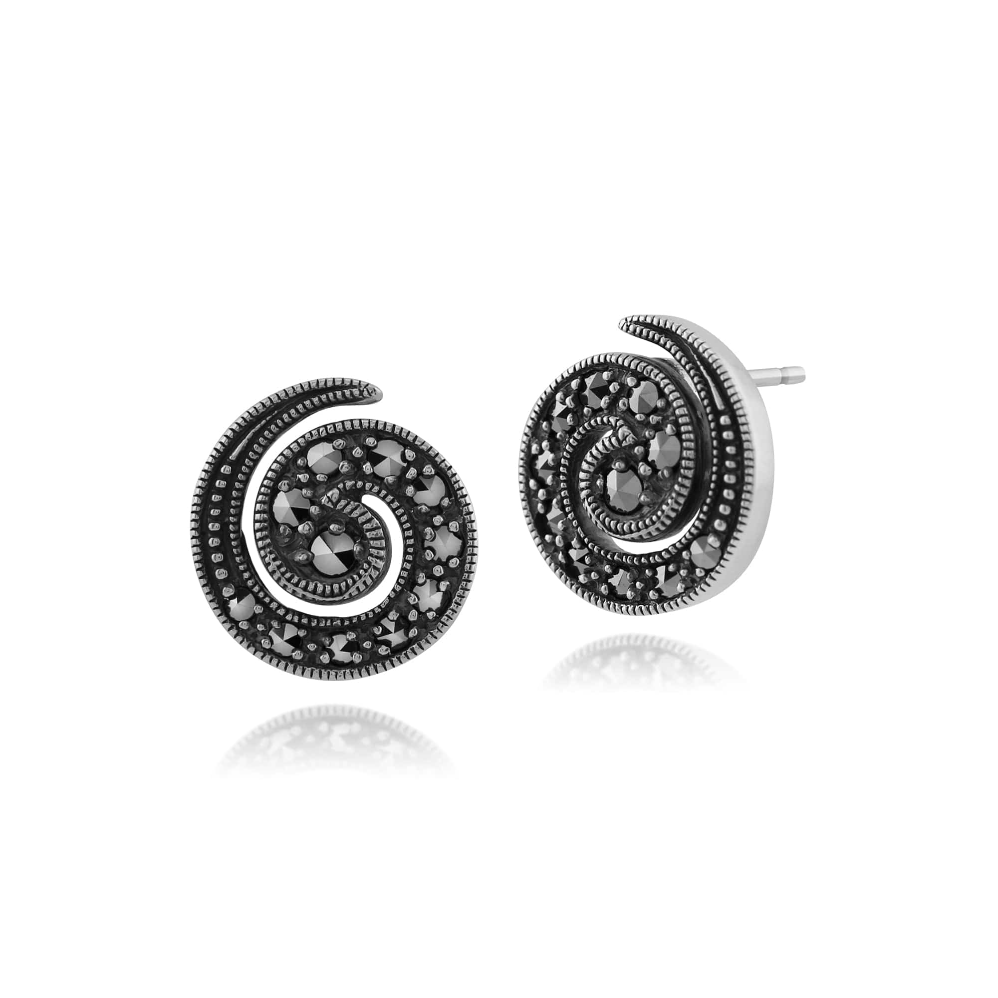 Art Nouveau Style Round Marcasite Spiral Stud Earrings in 925 Sterling Silver - Gemondo