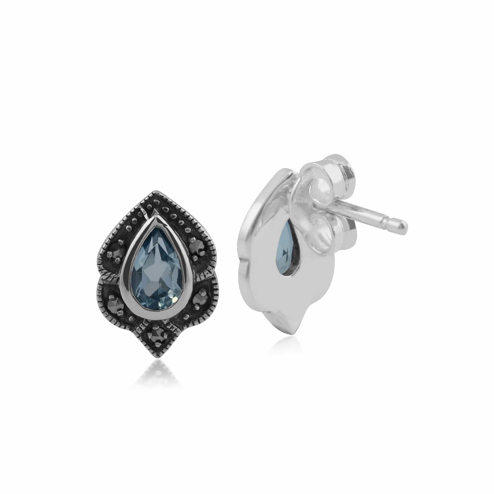 214E531604925 Art Nouveau Style Pear Blue Topaz & Marcasite Leaf Stud Earrings in 925 Sterling Silver 2