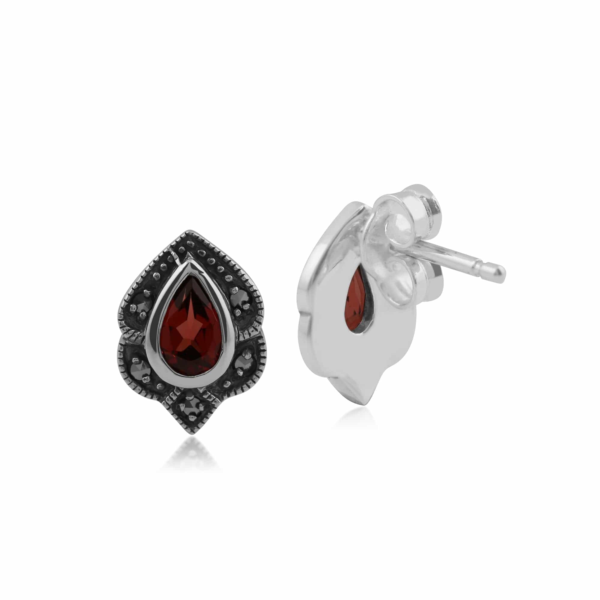 214E531605925 Art Nouveau Style Pear Garnet & Marcasite Leaf Stud Earrings in 925 Sterling Silver 2