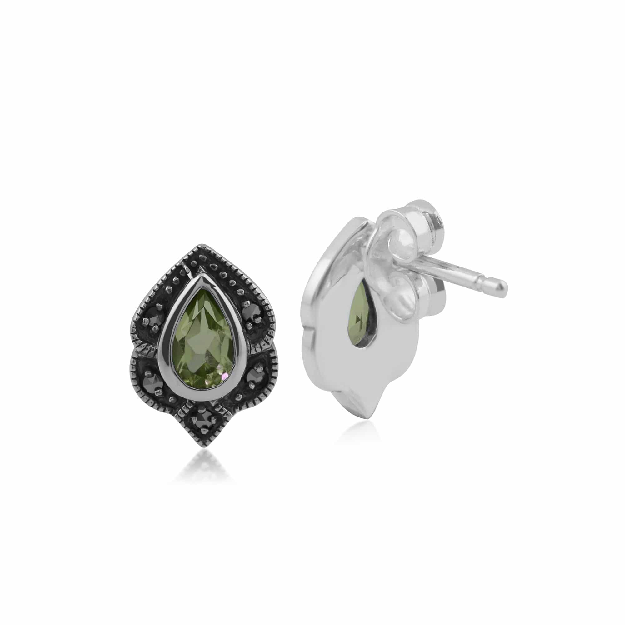214E531606925 Art Nouveau Style Pear Peridot & Marcasite Leaf Stud Earrings in 925 Sterling Silver 2
