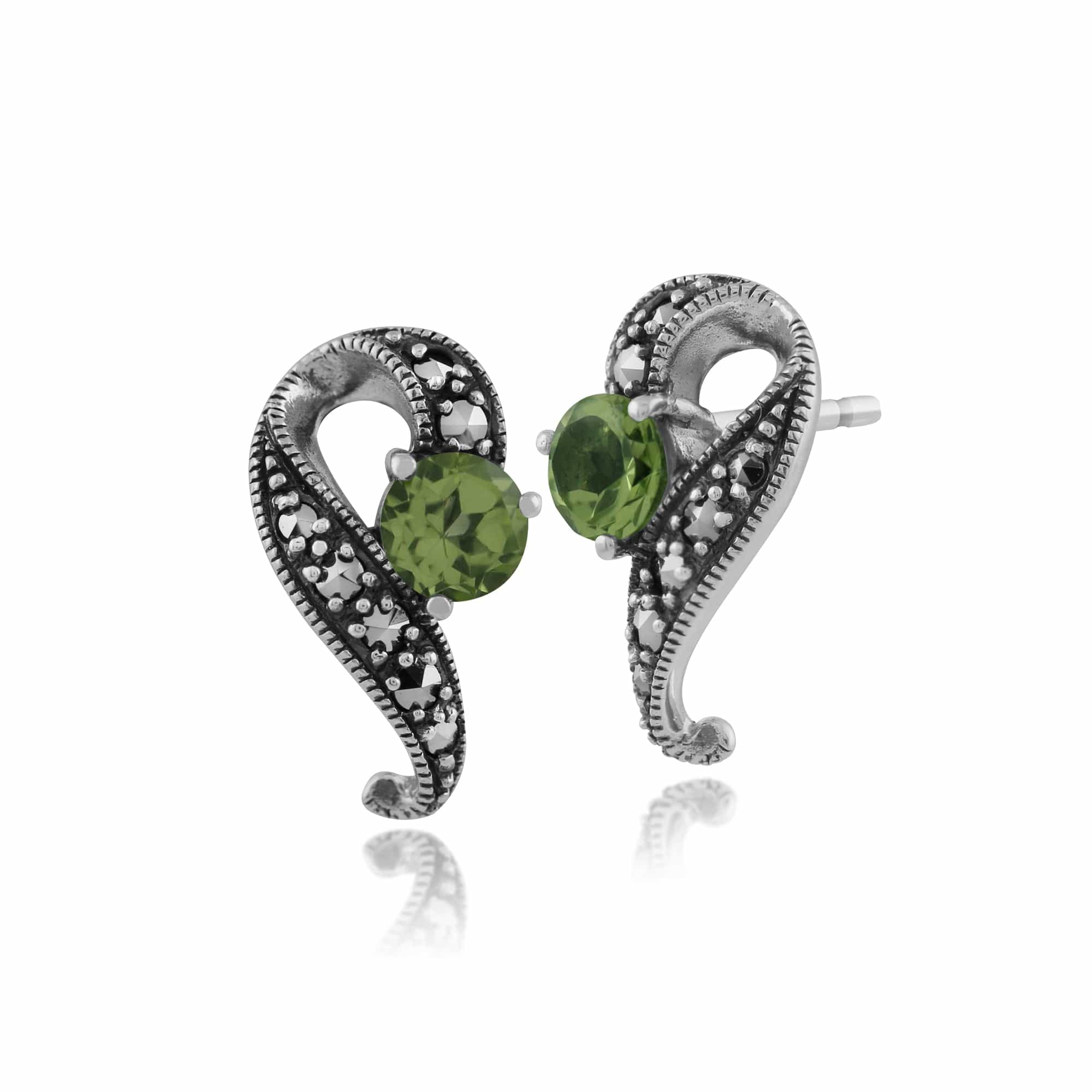 Art Nouveau Peridot & Marcasite Twisted Stud Earrings & Pendant Set Image 2