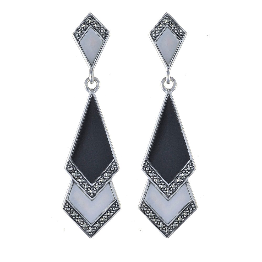 Art Deco Drop Earrings Mother of Pearl Marcasite Silver