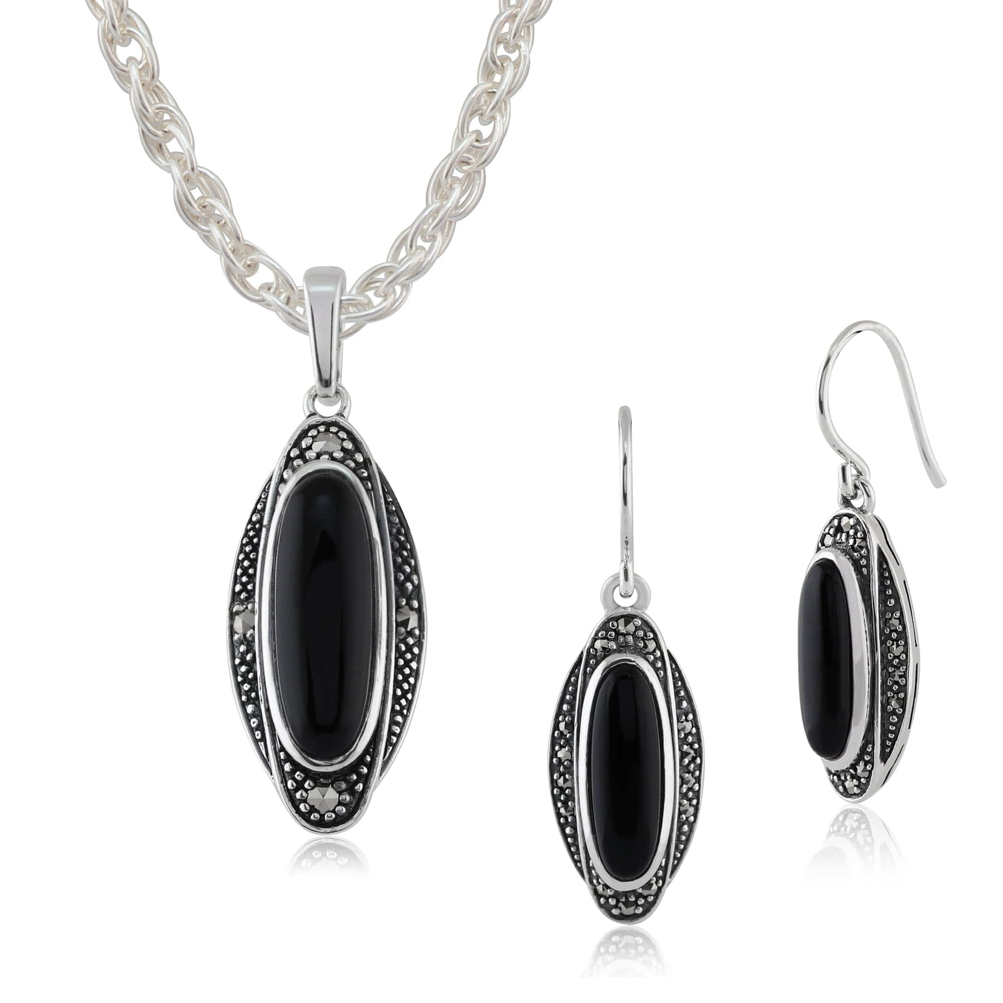 Art Deco Black Onyx & Marcasite Drop Earrings & Pendant Set Image 1