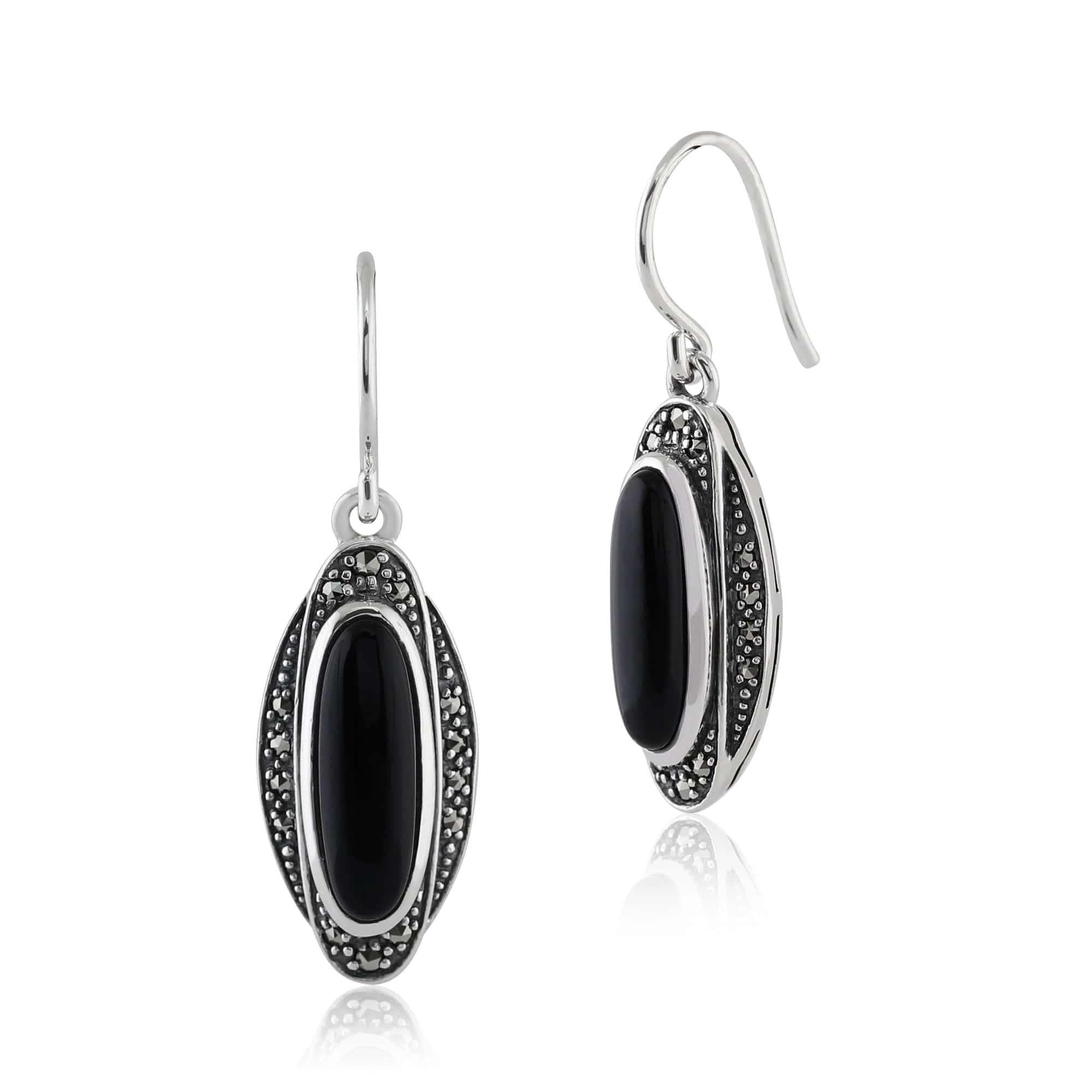 Art Deco Black Onyx & Marcasite Drop Earrings & Pendant Set Image 2