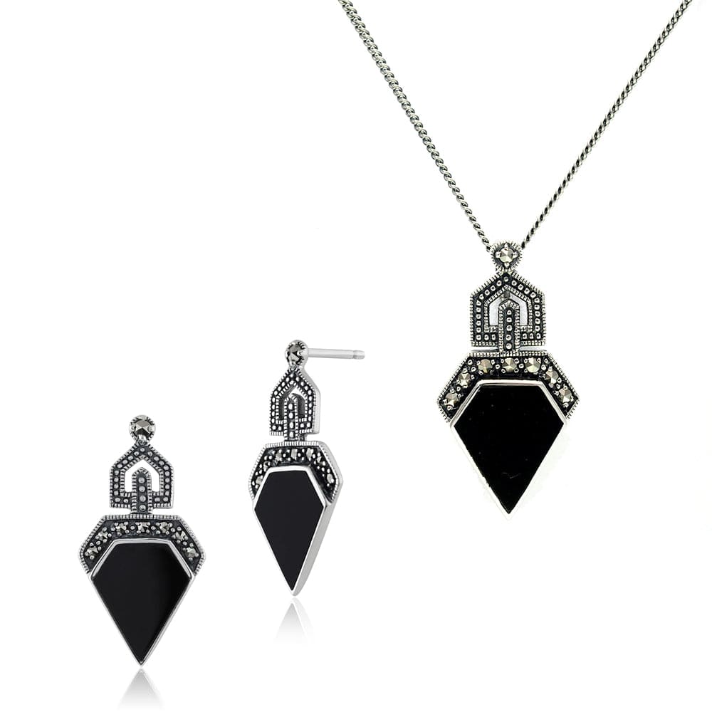214E648501925-214N435901925 Art Deco Style Style Black Onyx & Round Marcasite Stud Drop Earrings & Pendant Set in 925 Sterling Silver 1
