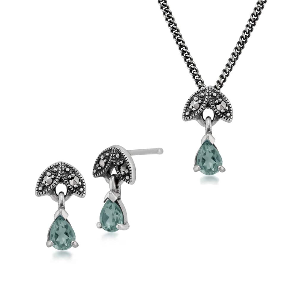 214E686106925-214N488909925 Art Deco Style Style Pear Aquamarine & Marcasite Leaf Stud Earrings & Pendant Set in 925 Sterling Silver 1