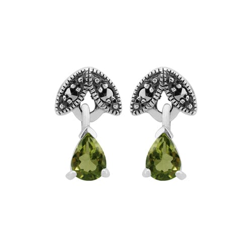 Art Nouveau Style Pear Peridot & Marcasite Drop Earrings in 925 Sterling Silver - Gemondo