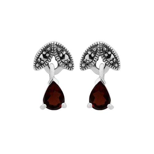 Art Deco Garnet & Marcasite Leaf Stud Earrings & Pendant Set Image 2