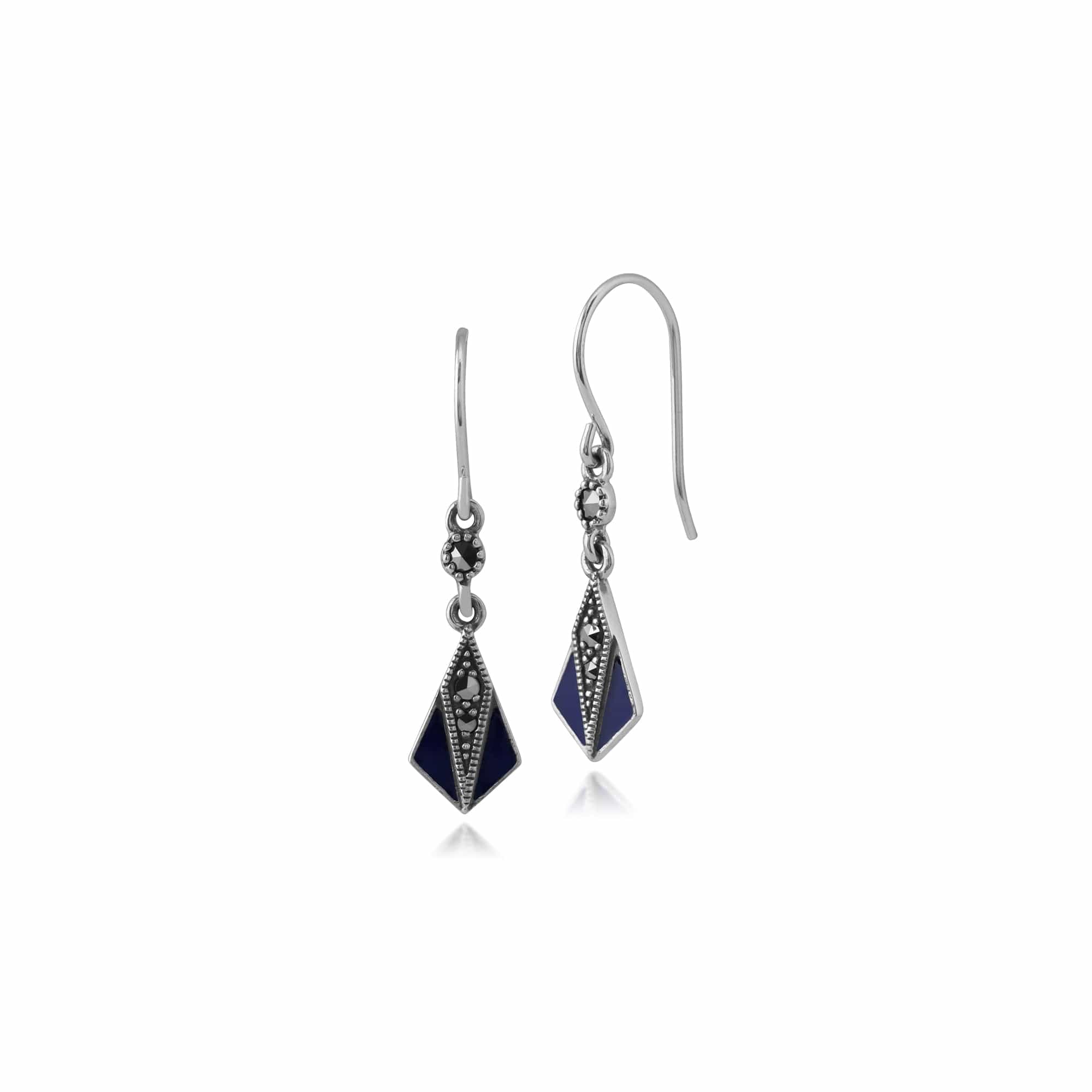 Art Deco Style Round Marcasite & Blue Enamel Fan Drop Earrings in 925 Sterling Silver - Gemondo