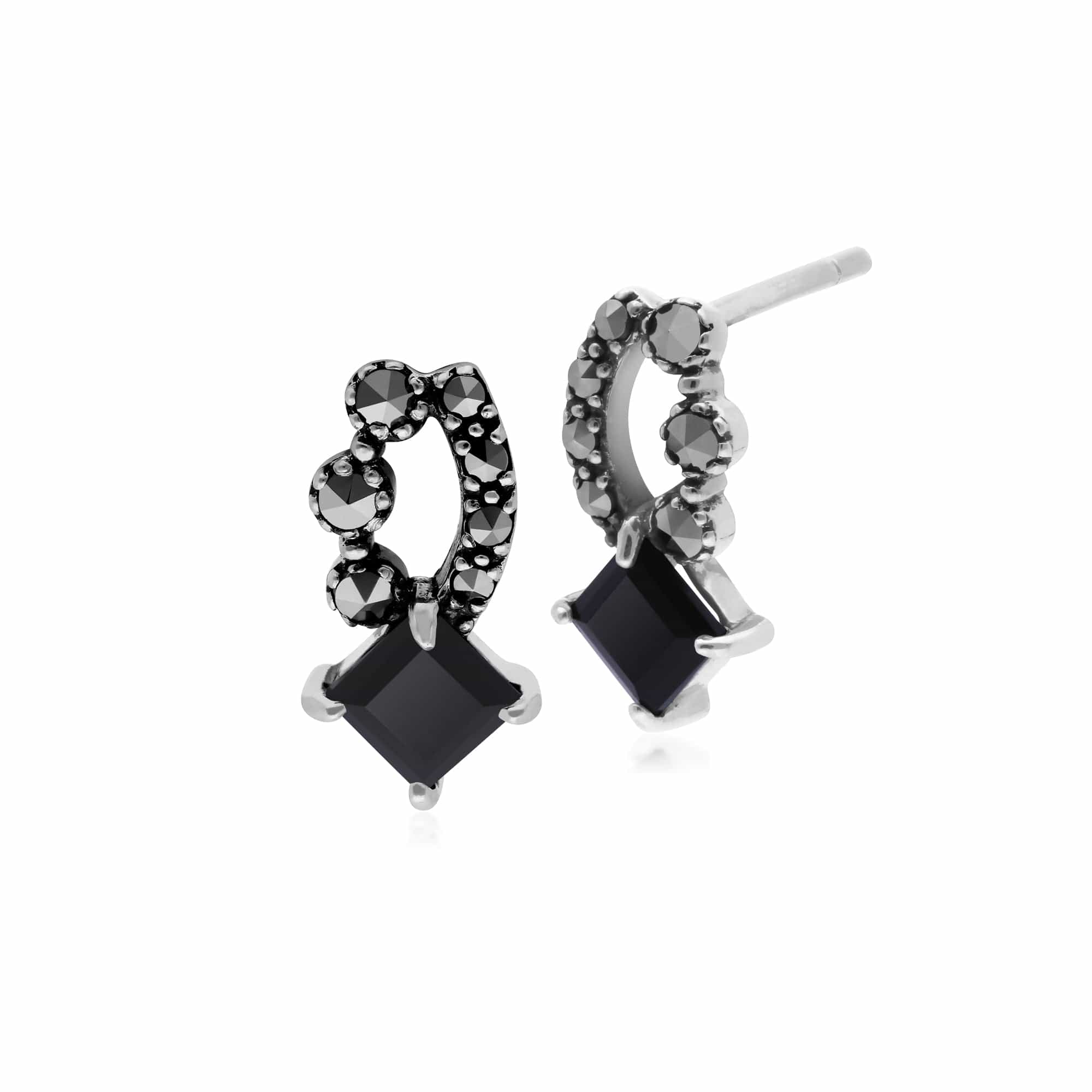 214E707406925 Art Nouveau Style Square Black Onyx  & Marcasite Stud Earrings in 925 Sterling Silver  1
