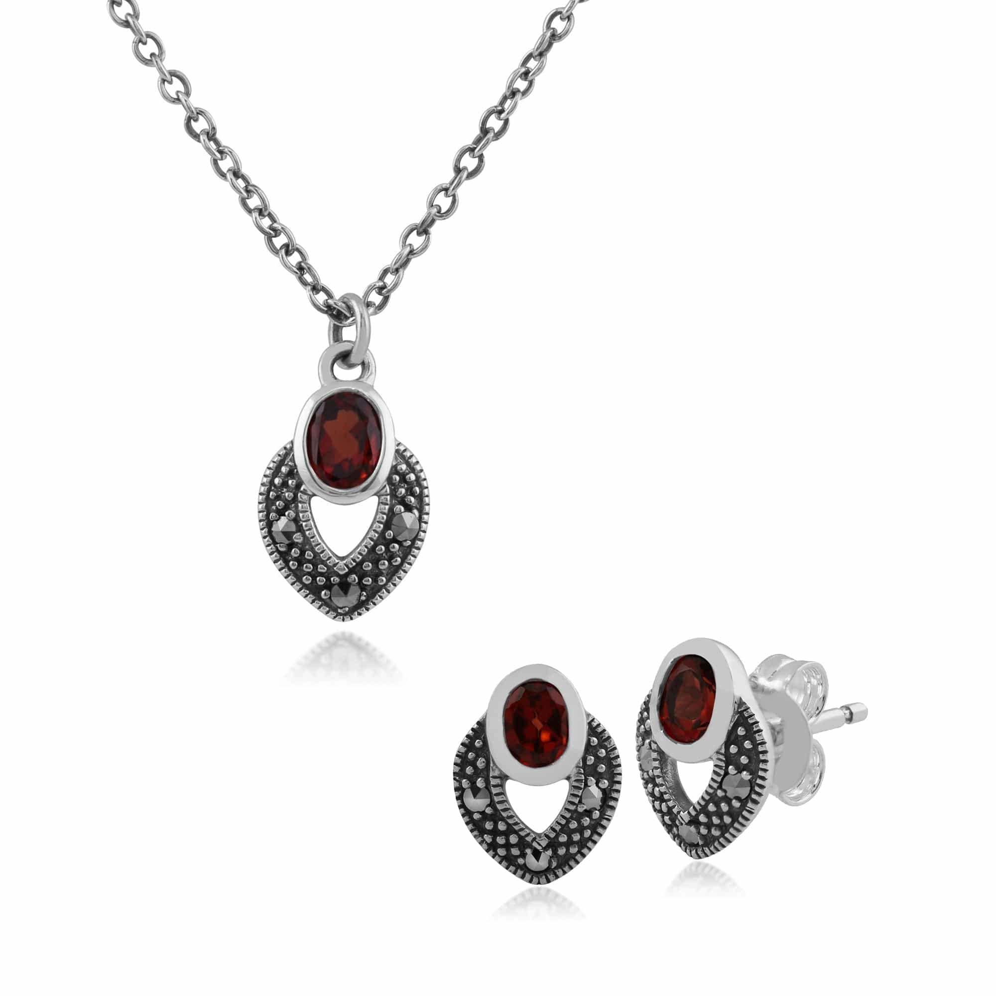 214E717802925-214N688203925 Art Deco Style Oval Garnet & Marcasite Stud Earrings & Pendant Set in 925 Sterling Silver 1