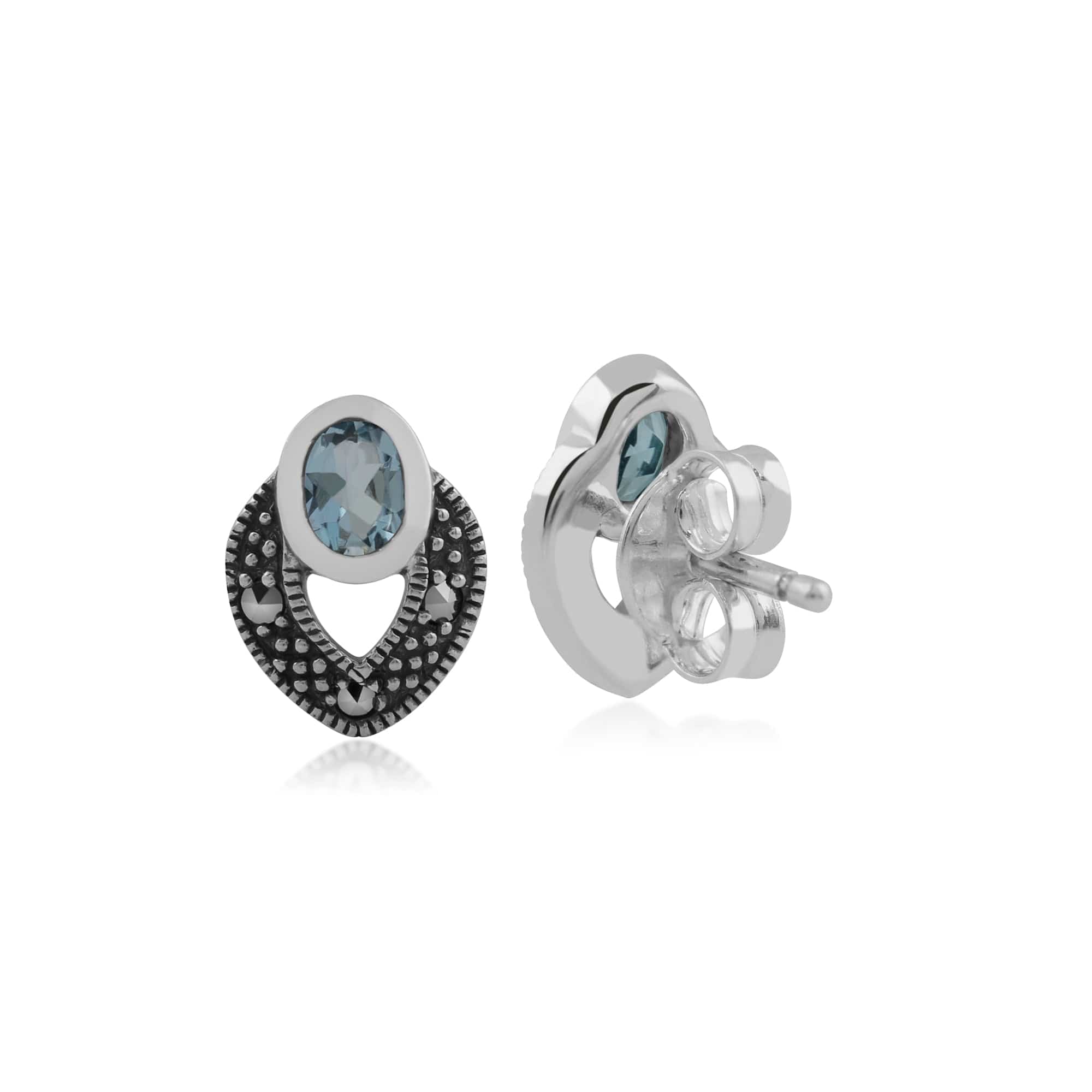 214E717804925 Art Deco Style Oval Aquamarine & Marcasite Stud Earrings in 925 Sterling Silver 2