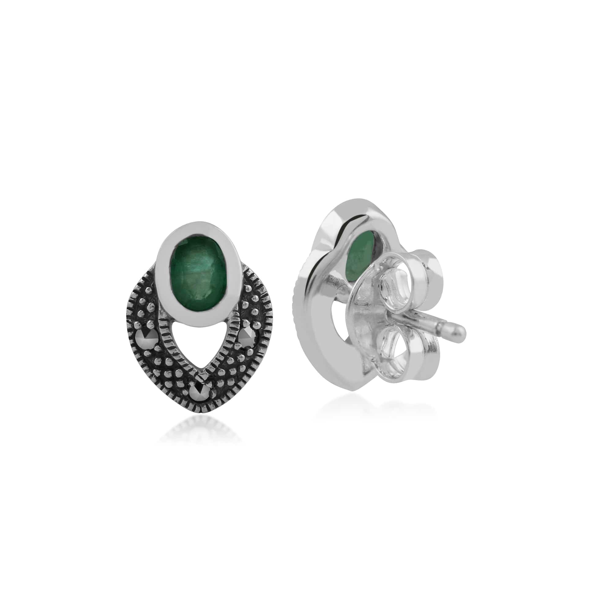 214E717808925 Art Deco Style Oval Emerald & Marcasite Stud Earrings in 925 Sterling Silver 2