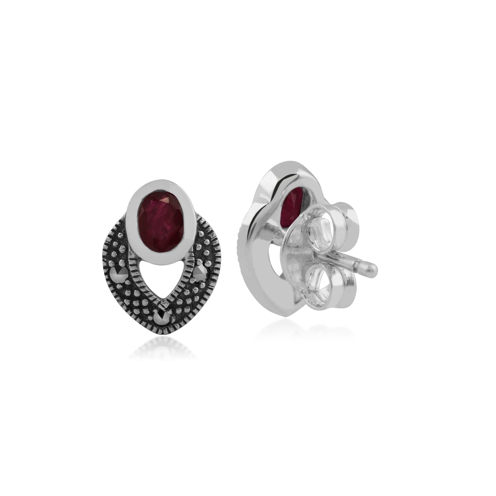 214E717809925 Art Deco Style Oval Ruby & Marcasite Stud Earrings in 925 Sterling Silver 2