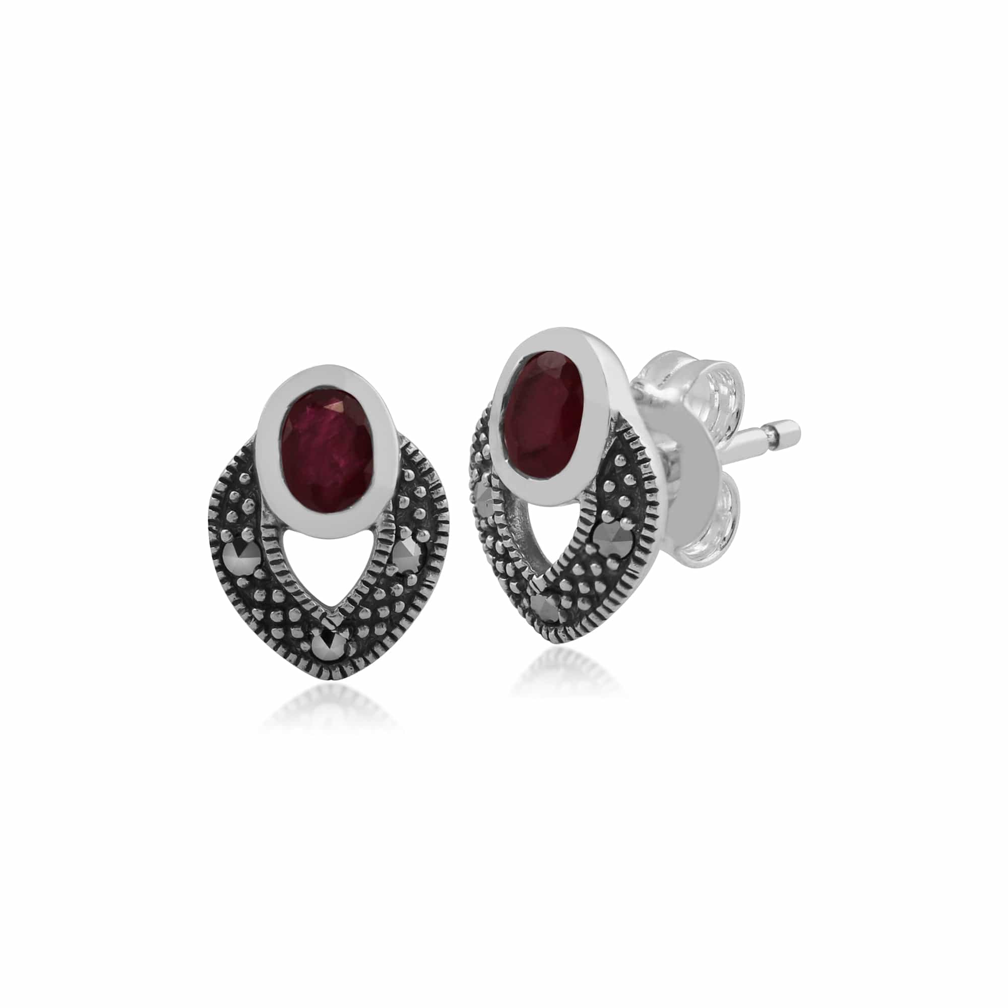 Art Deco Style Oval Ruby & Marcasite Stud Earrings & Pendant Set in 925 Sterling Silver - Gemondo